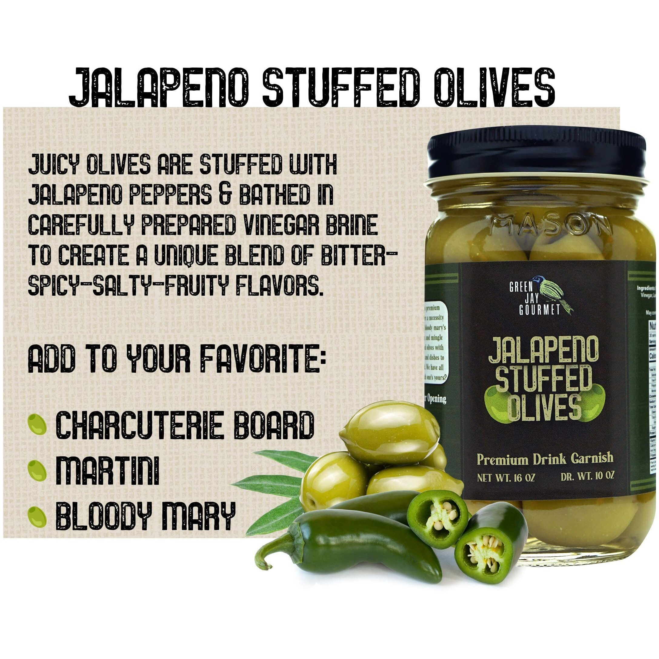 Green Jay Gourmet Jalapeno Stuffed Olives - Stuffed Green Olives For Cocktail Garnish & Cheese Board Recipes - Dirty Martini Olives & Cocktail Olives - Gourmet Olives - All Natural - Large - 2 X 16 Oz