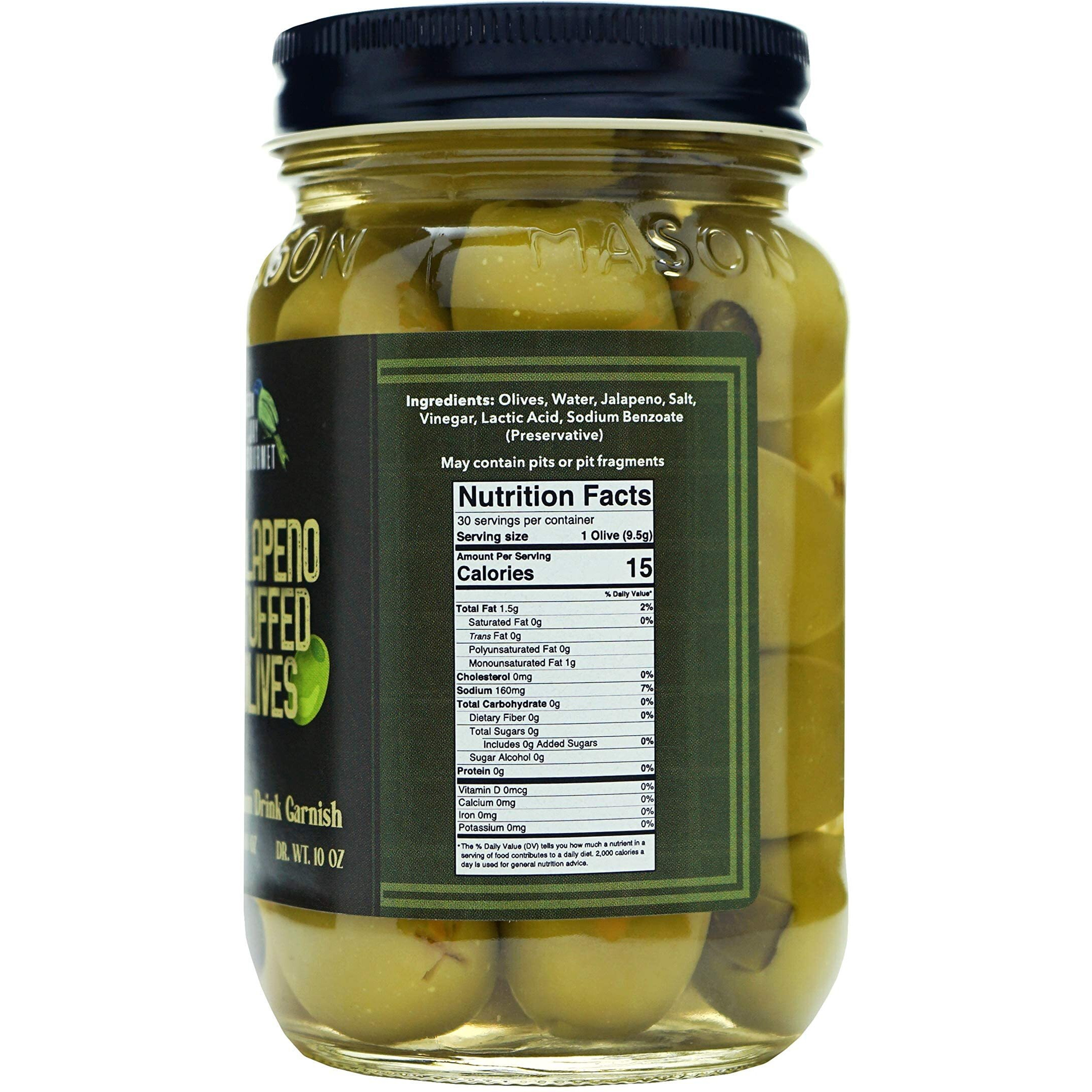 Green Jay Gourmet Jalapeno Stuffed Olives - Stuffed Green Olives For Cocktail Garnish & Cheese Board Recipes - Dirty Martini Olives & Cocktail Olives - Gourmet Olives - All Natural - Large - 2 X 16 Oz