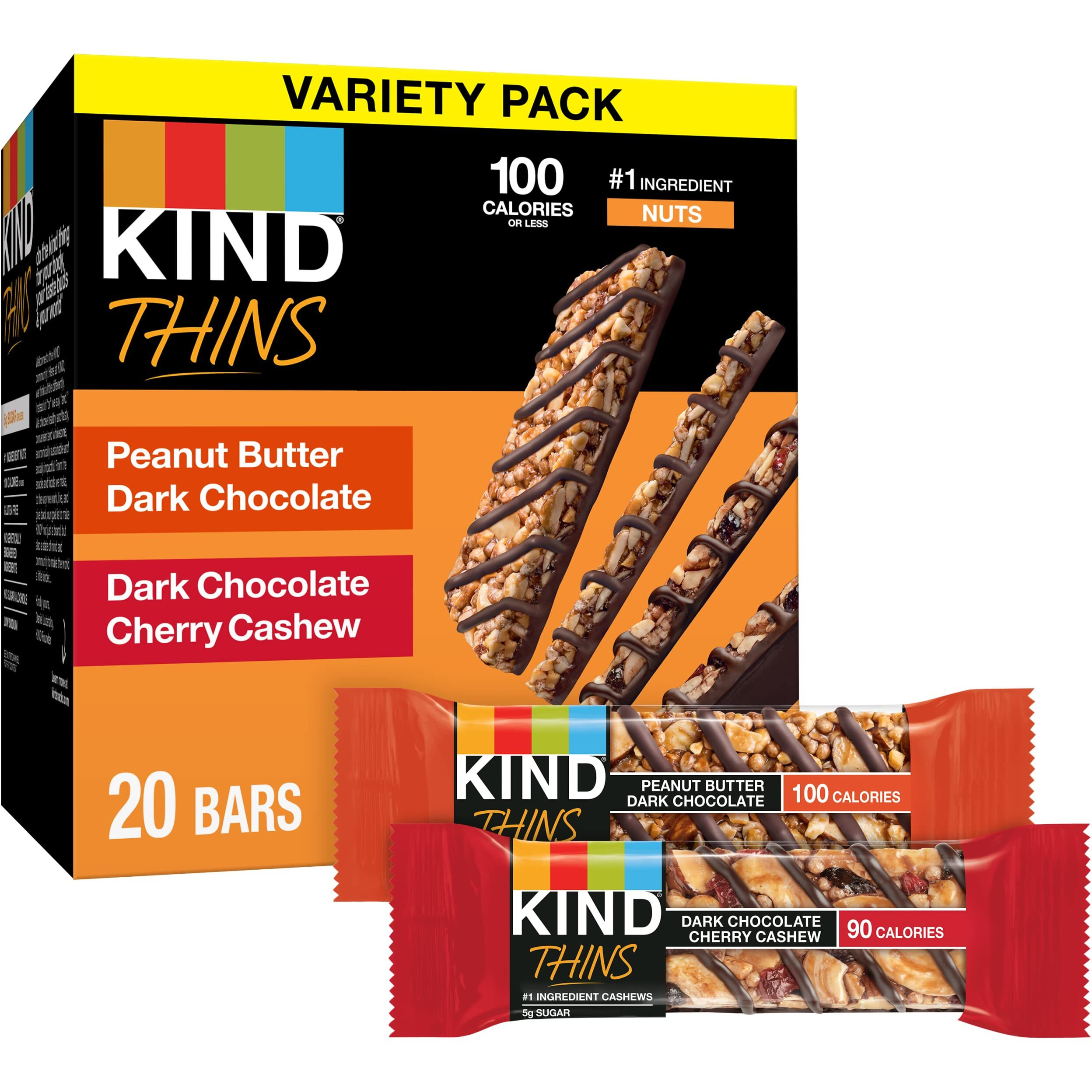 Kind Thins Variety Pack, Peanut Butter Dark Chocolate, Dark Chocolate Cherry Cashew, Healthy Snacks, Low Calorie, 20 Count