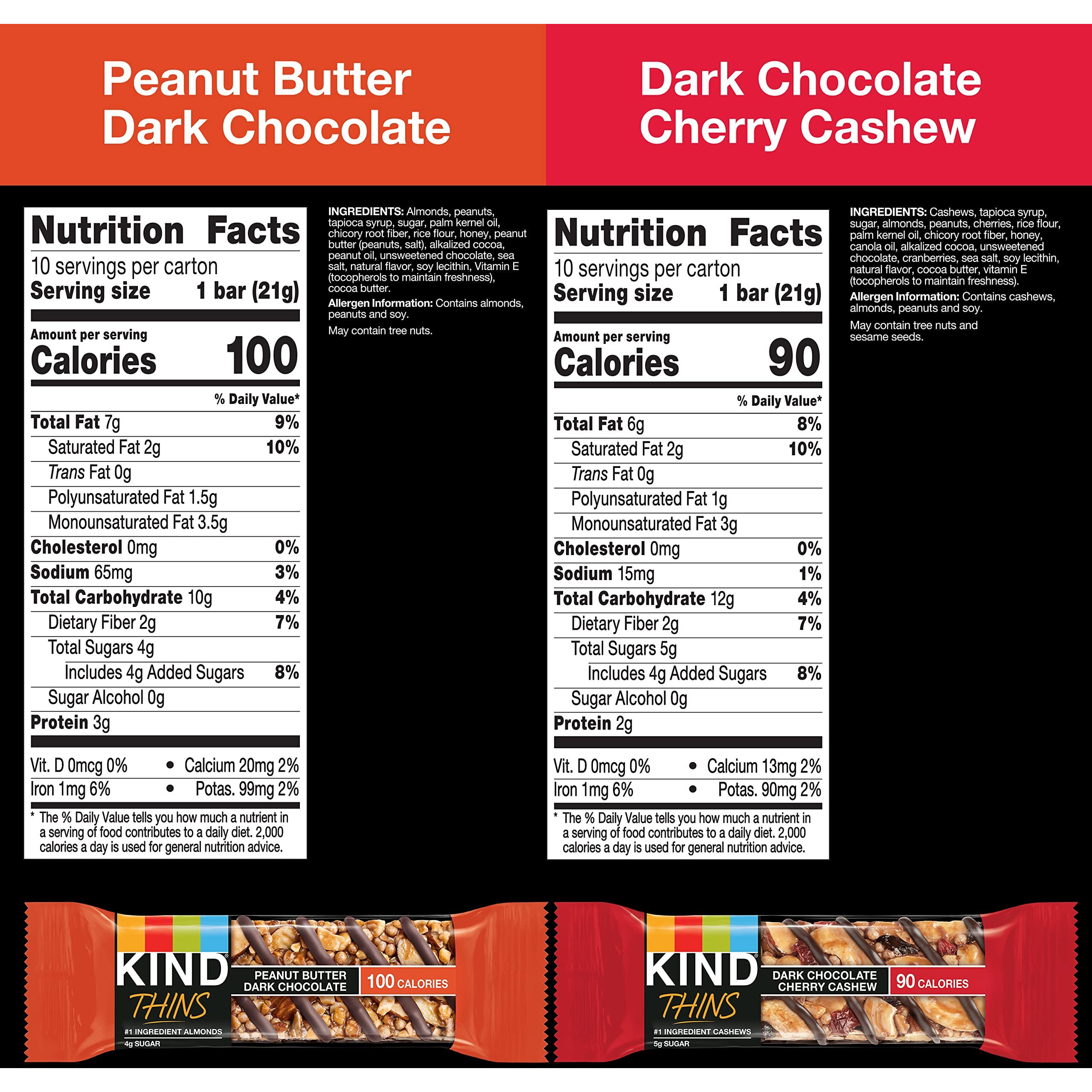 Kind Thins Variety Pack, Peanut Butter Dark Chocolate, Dark Chocolate Cherry Cashew, Healthy Snacks, Low Calorie, 20 Count