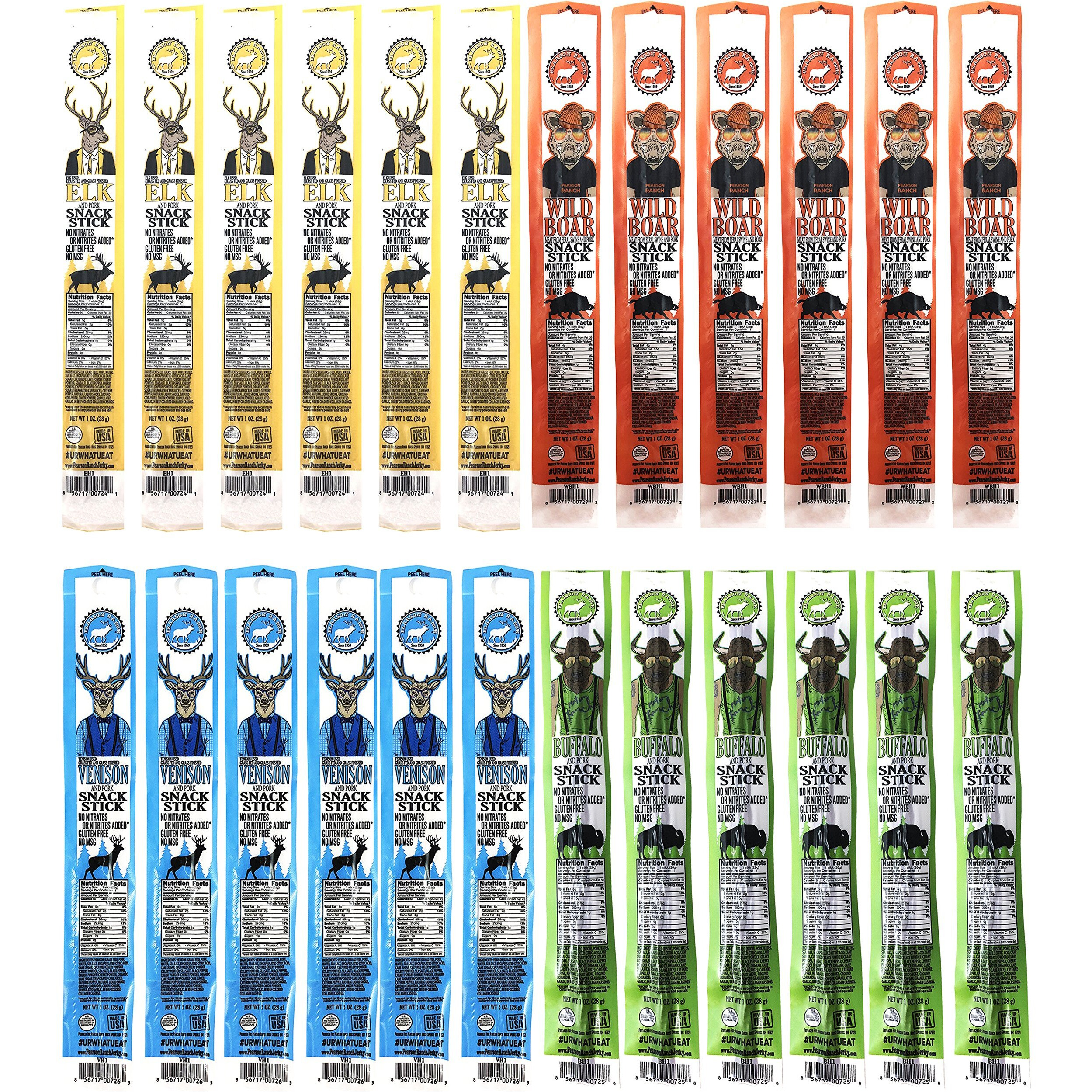 Pearson Ranch Since 1959 Assorted Game Meat Sticks Variety Pack Of 24 (1Oz Sticks) Elk, Buffalo, Venison, Wild Boar - Low-Carb, Gluten-Free, High-Protein, Paleo And Keto Friendly Jerky Sticks
