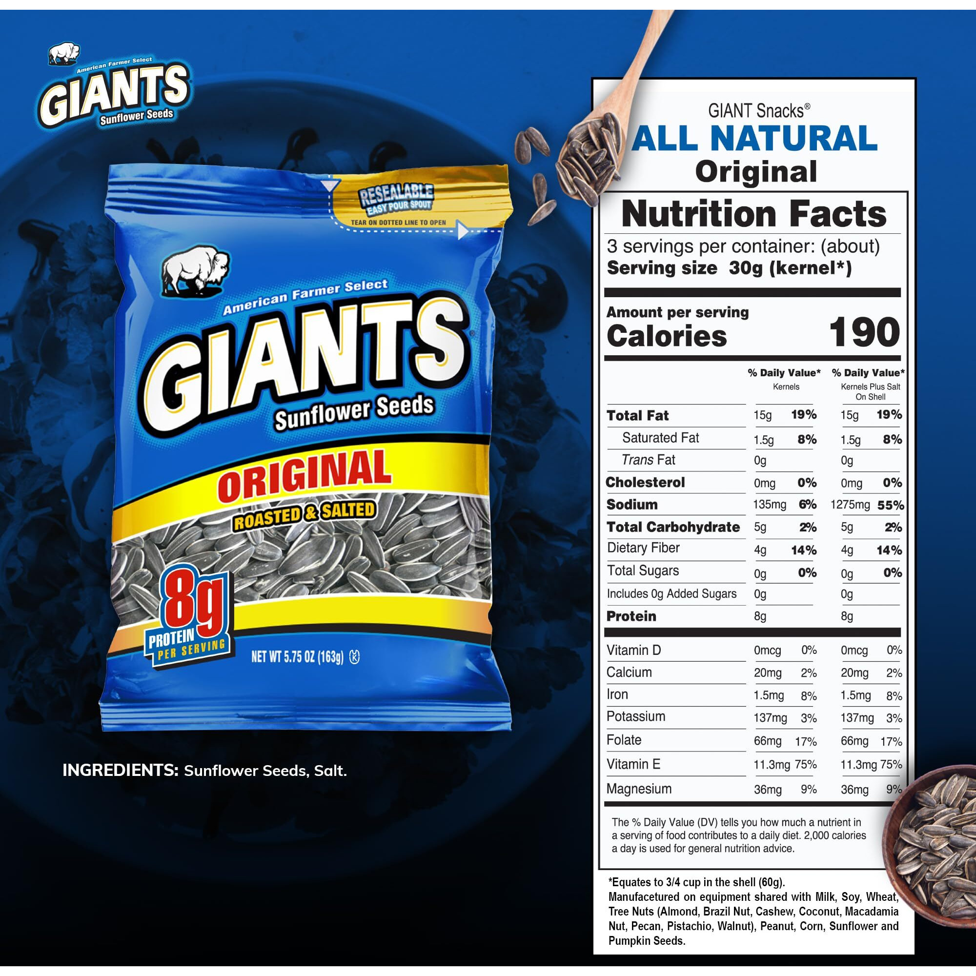 Giants Original Salted Jumbo Sized Sunflower Seeds 5.75-Ounce Bags (Pack Of 12)