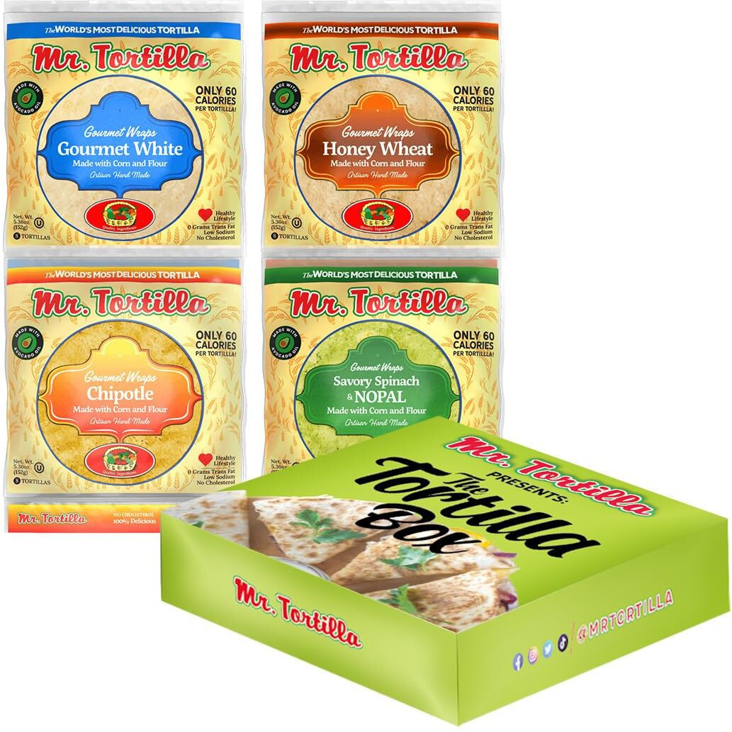 Mr. Tortilla Gourmet Wraps Variety Pack - Artisan Flour Tortillas, Only 60 Calories - Small Batch Zero Cholesterol Snack - Authentic - Gourmet White, Honey Wheat, Chipotle, Spinach & Nopal - 8-Count Bags (Pack Of 4)