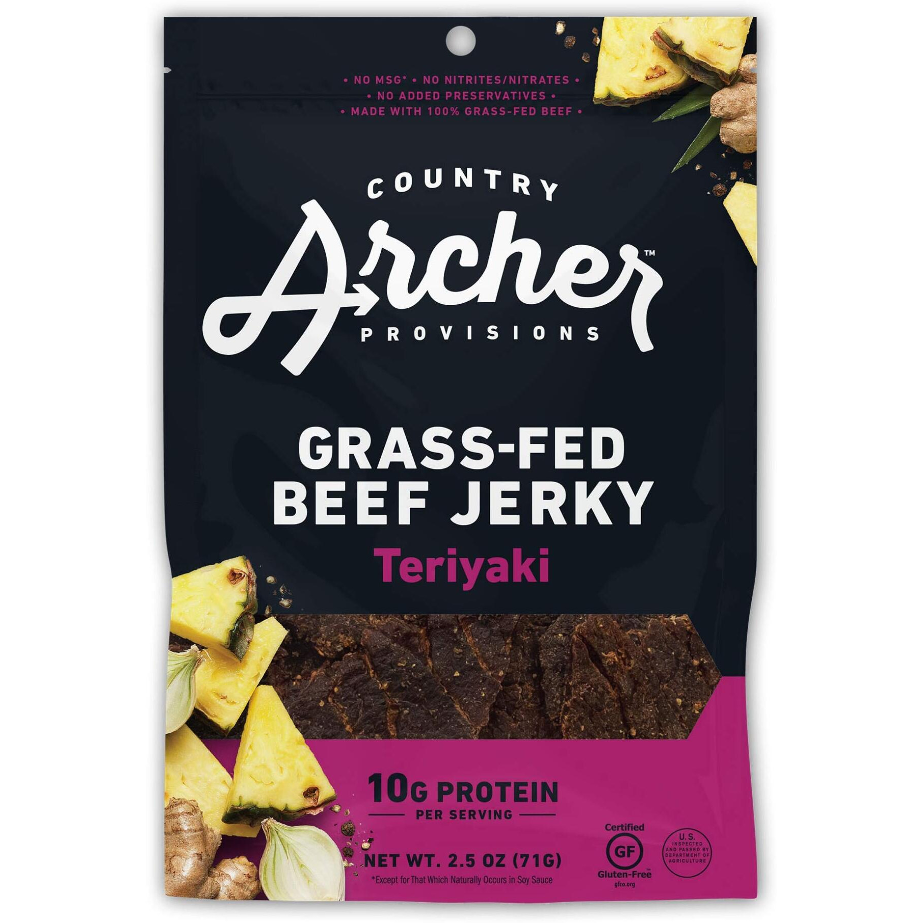 Country Archer Grass Fed Beef Jerky - Beef Jerky Snack Pack, Teriyaki Beef Jerky Bulk, Individual Beef Jerky Pack, Gluten Free Protein Snack - Teriyaki Flavor, 2.5 Oz (Pack Of 4)