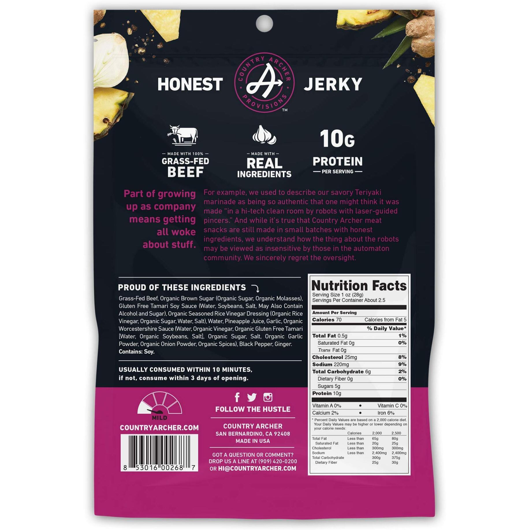 Country Archer Grass Fed Beef Jerky - Beef Jerky Snack Pack, Teriyaki Beef Jerky Bulk, Individual Beef Jerky Pack, Gluten Free Protein Snack - Teriyaki Flavor, 2.5 Oz (Pack Of 4)