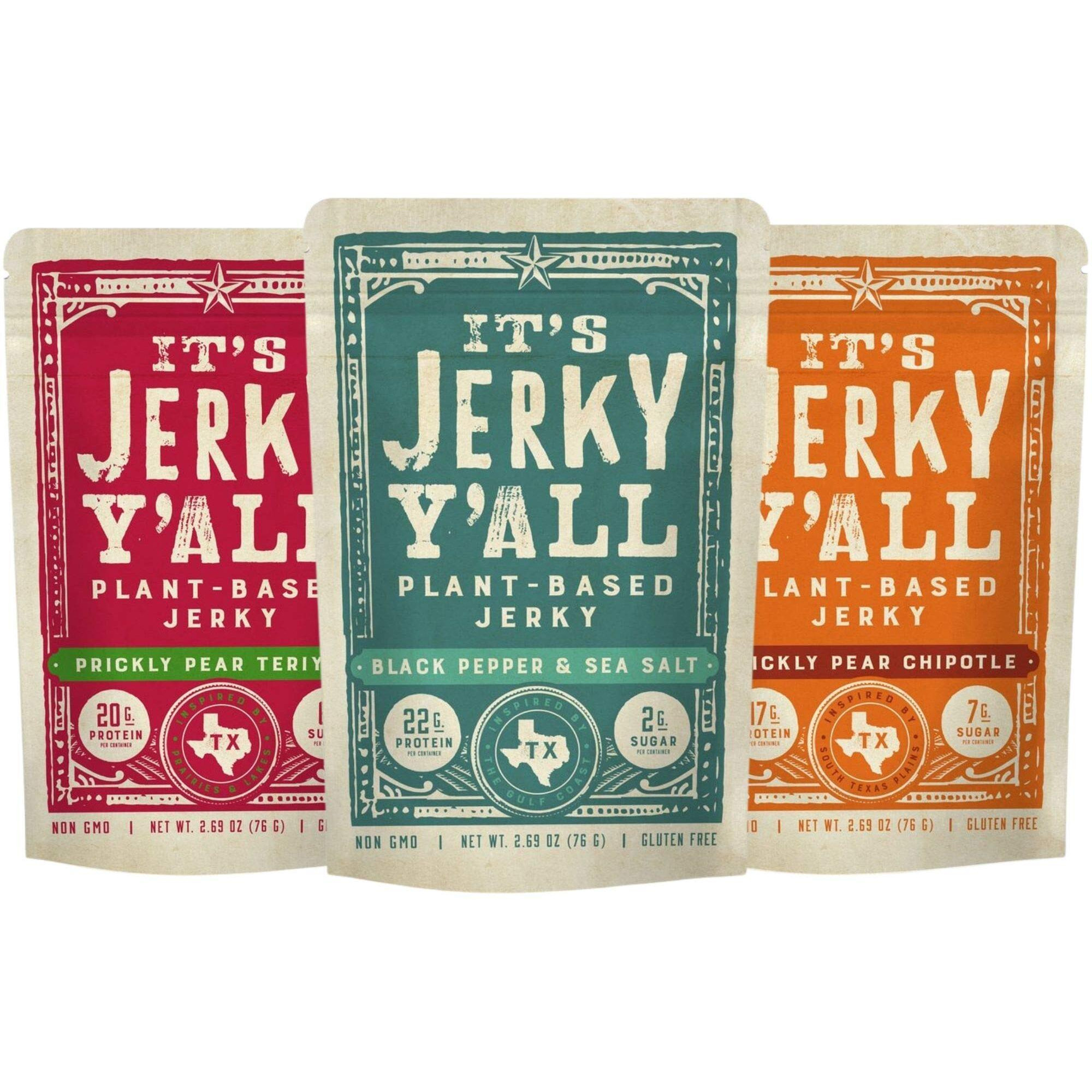 It's Jerky Y'All Plant Based Jerky Variety Pack | Beyond Tender And Tasty Vegan Snacks | Non-Gmo, Gluten Free, Vegetarian (3 Pack)