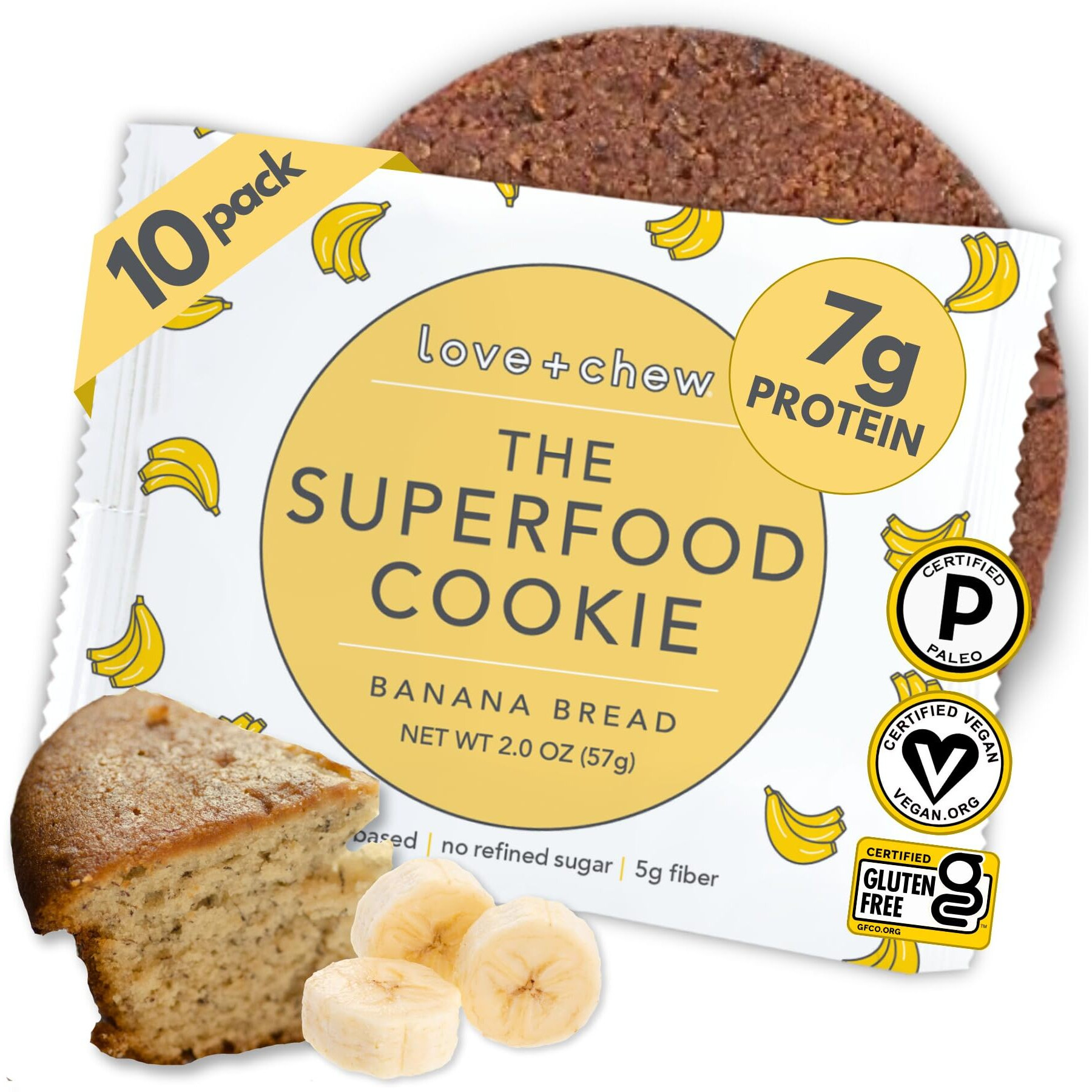 Love + Chew Tasty, Gluten Free Cookies - Banana Bread 10 Count - Vegan - Healthy, Paleo, Non Gmo Snacks - Individually Wrapped, Soft Baked Cookies - Made From High Protein Almonds - 2 Ounce Each