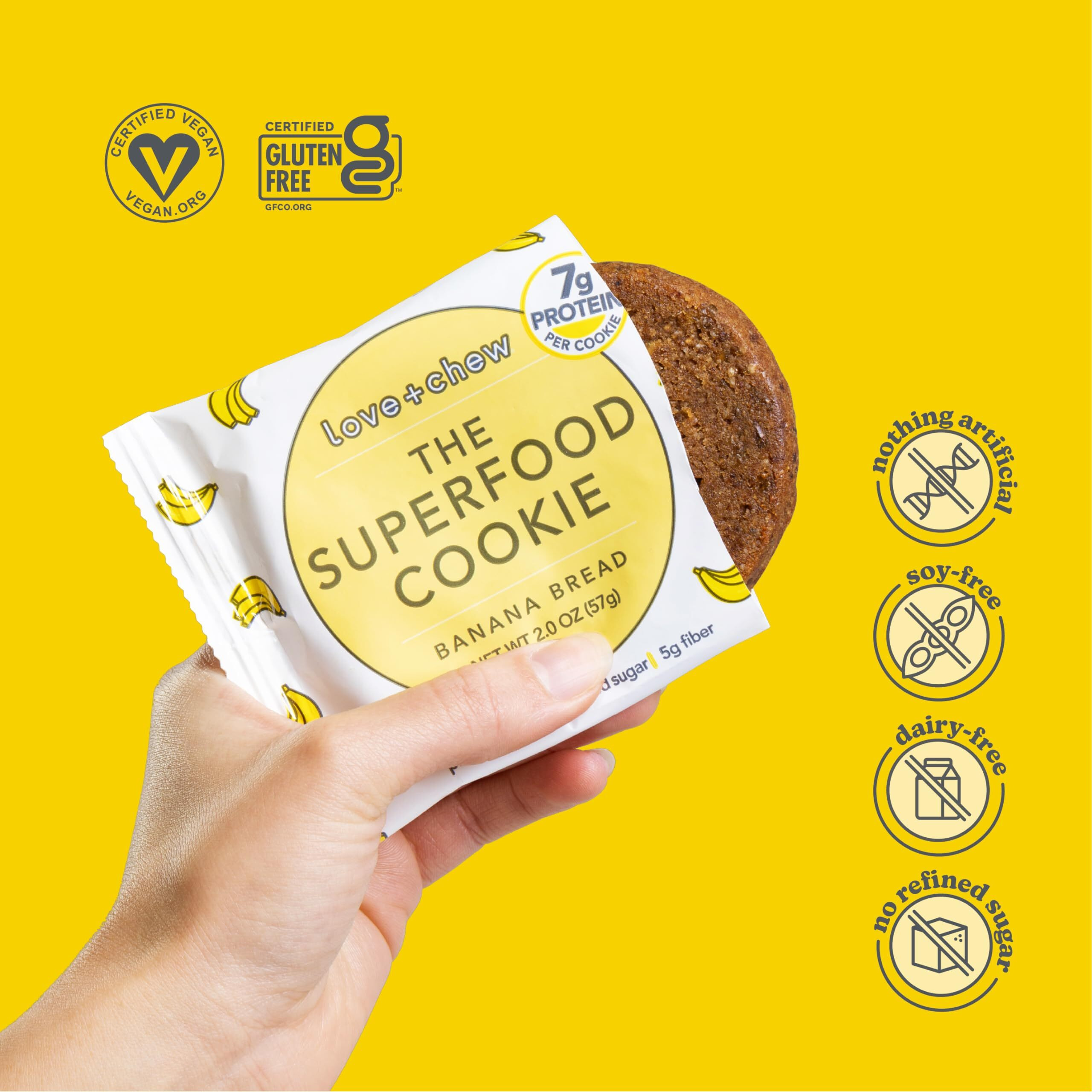Love + Chew Tasty, Gluten Free Cookies - Banana Bread 10 Count - Vegan - Healthy, Paleo, Non Gmo Snacks - Individually Wrapped, Soft Baked Cookies - Made From High Protein Almonds - 2 Ounce Each