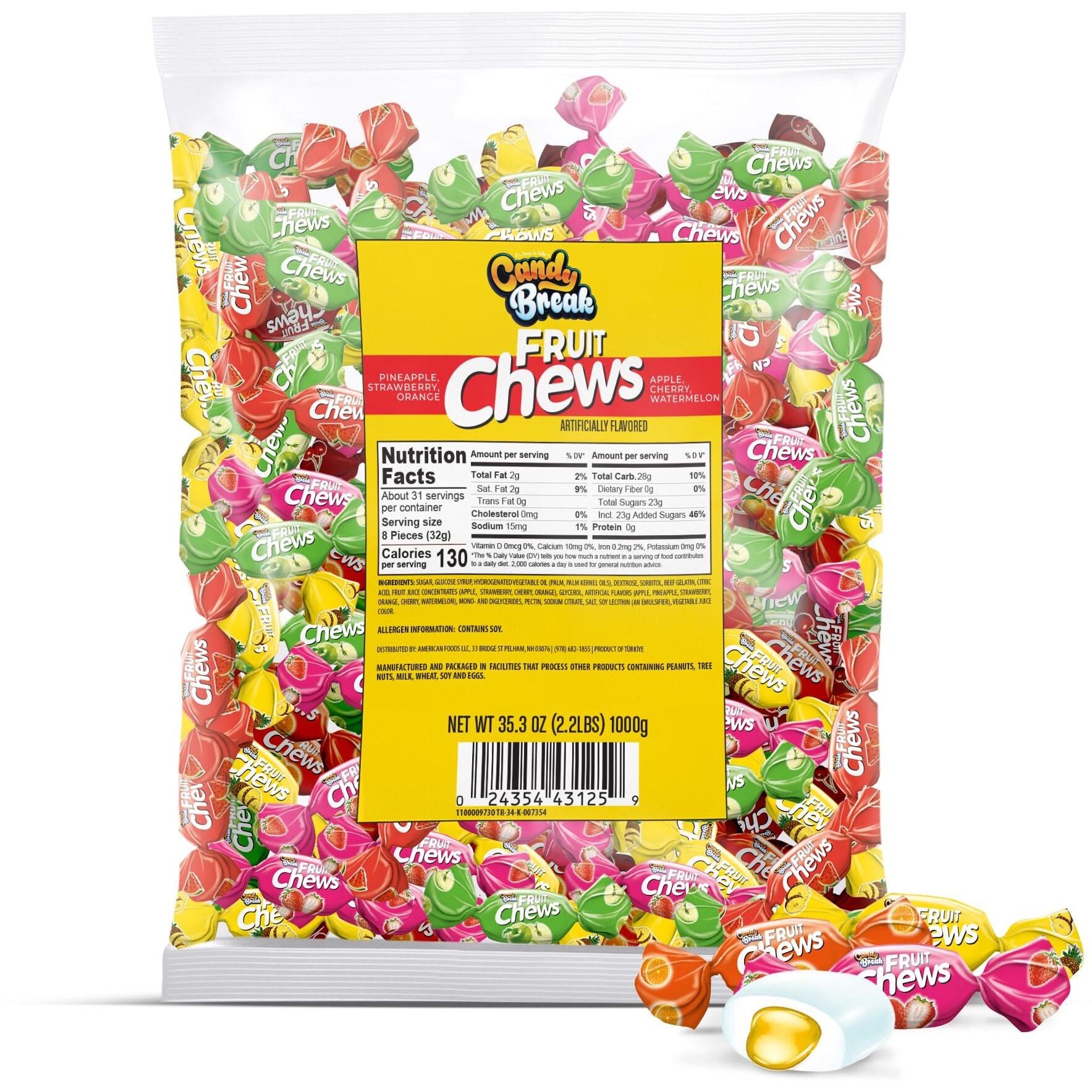 Candy Break Toffix Fruit Chews With Assorted Fruit Flavored Filling 2.2 Lb Bag - Strawberry, Apple, Watermelon, Cherry, Pineapple, Orange Variety Pack - Made With Fruit Juice - Individually Wrapped - Best For Office Snacks And Household Pantry