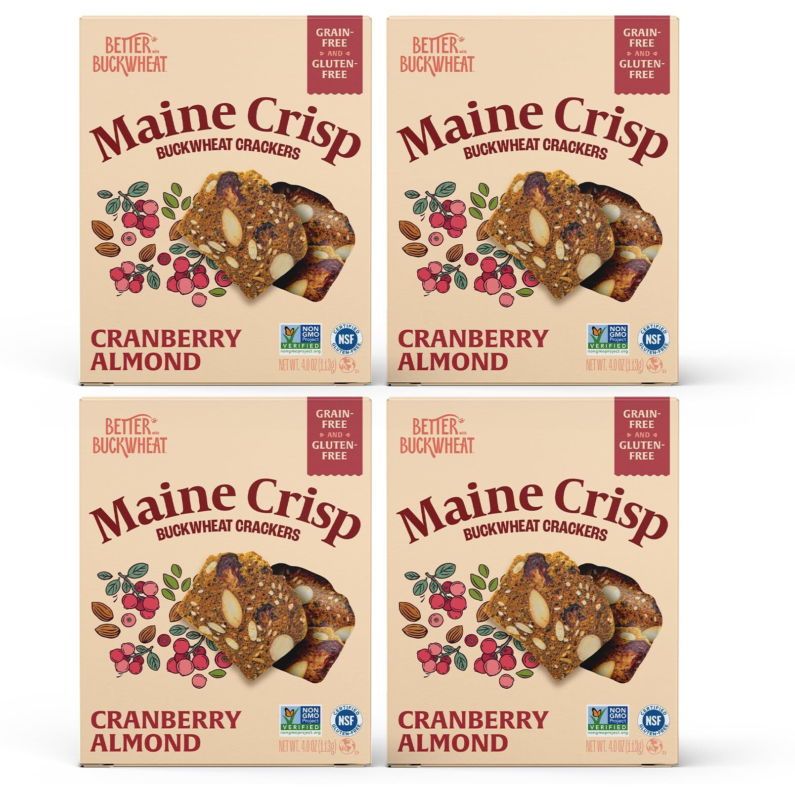 Maine Crisp Cranberry Almond Crisps, 4 Pack - Snack Crackers, Grain Free, Non-Gmo - Sweet & Savory Flavor, For Cheese Boards, Salad Toppings & Jams