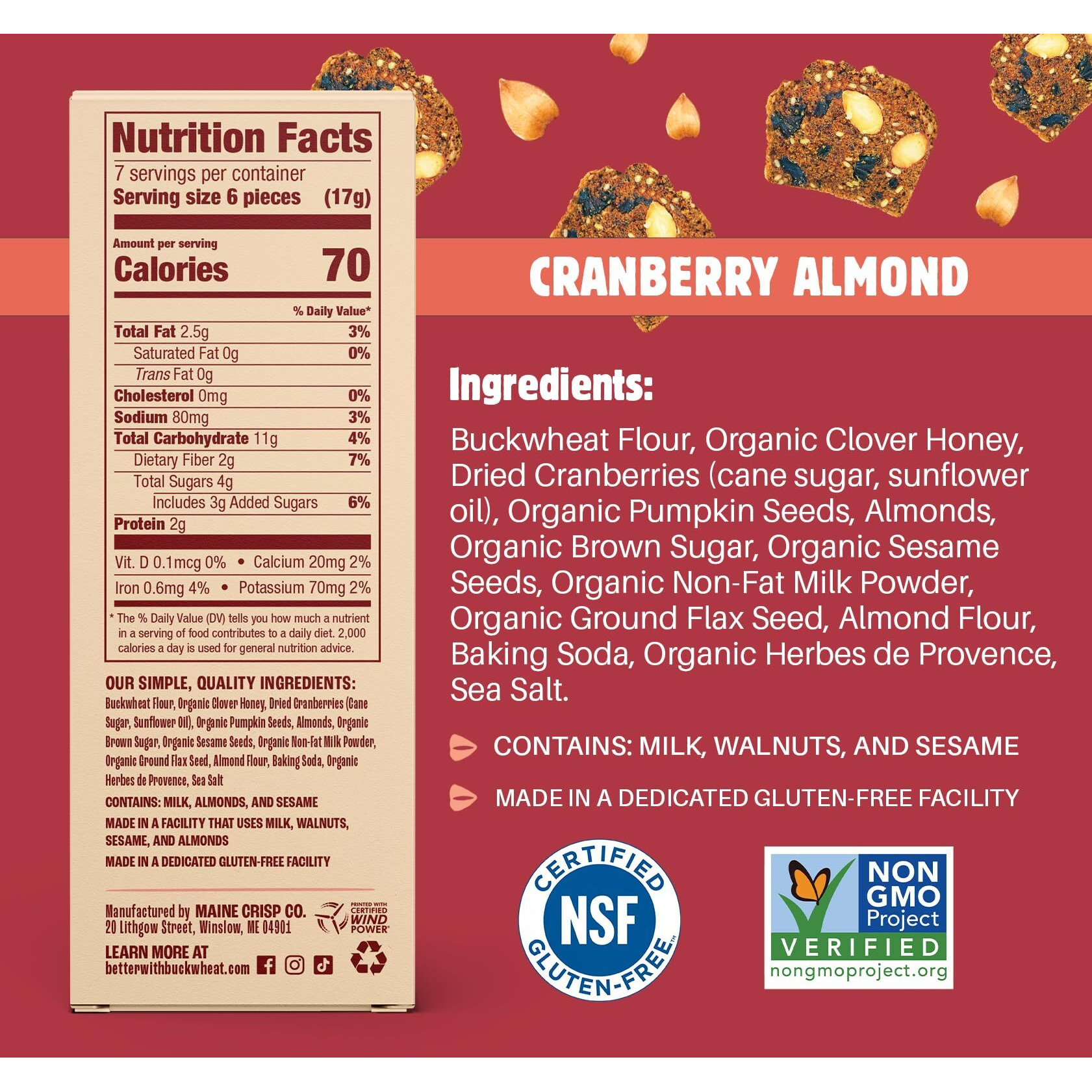 Maine Crisp Cranberry Almond Crisps, 4 Pack - Snack Crackers, Grain Free, Non-Gmo - Sweet & Savory Flavor, For Cheese Boards, Salad Toppings & Jams