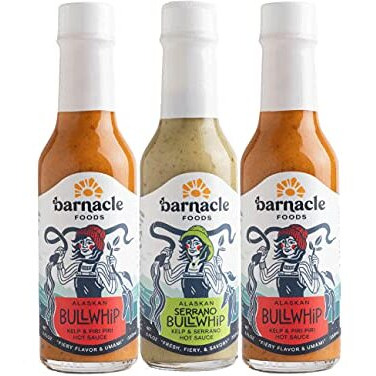 Barnacle Foods Bullwhip Kelp Hot Sauce Variety Pack | Kelp & Serrano Or Piri-Piri Peppers | Made In Alaska | Delicious Savory Umami Flavor & Heat | Packed With Vitamins & Minerals | Great For Dipping & Pouring | 3 Pack