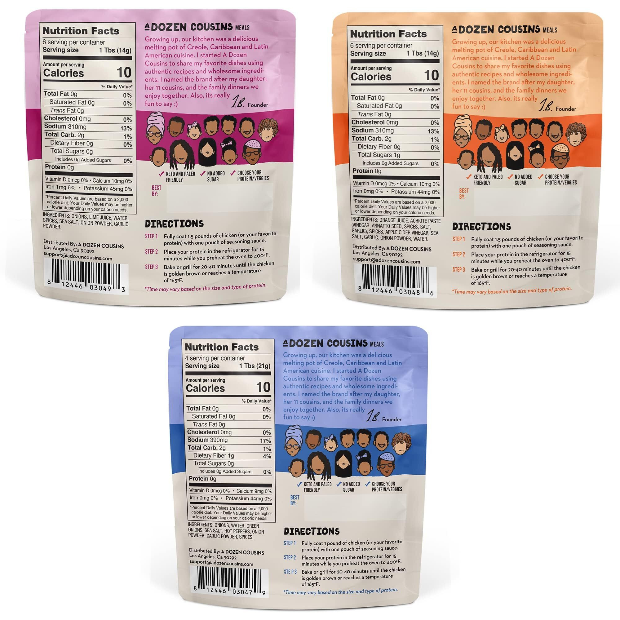 A Dozen Cousins Entr  E Seasoning Sauce - Coat And Cook, For Chicken Seasoning, Bbq, Protein, Marinade & More - 6 Count Variety Pack - Jamaican Jerk, Peruvian Pollo, Mexican Pollo Asado