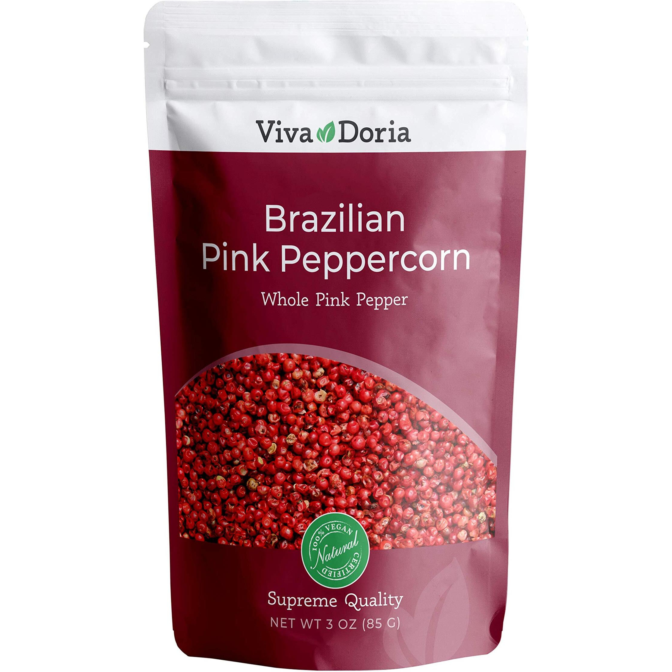 Viva Doria Brazilian Pink Peppercorns, Steam Sterilized Whole Pink Pepper, 3 Oz