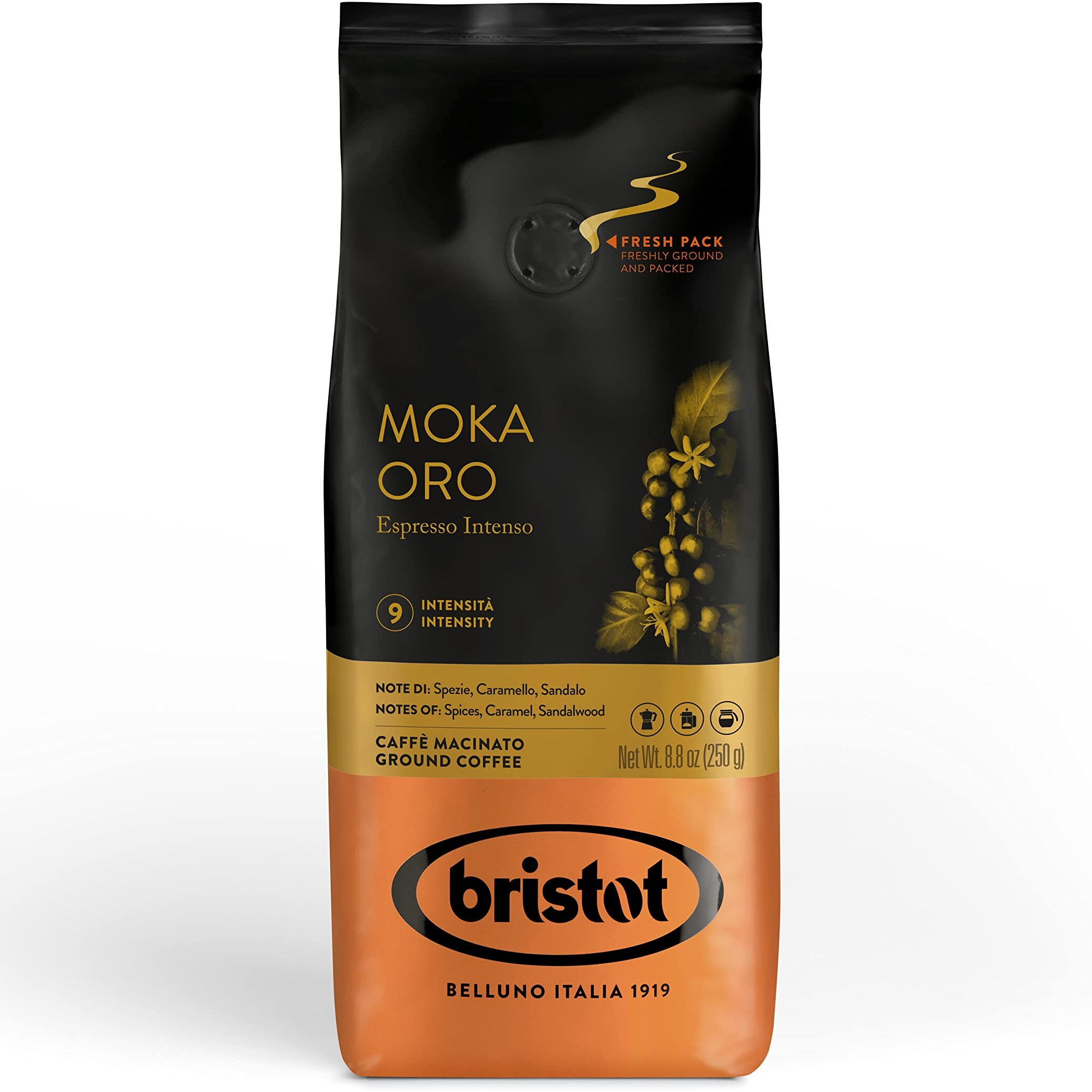 Bristot Moka Oro Ground Coffee | Italian Ground Espresso | Medium Roast | For Moka, French Press, Pour Over | 8.8Oz/250G