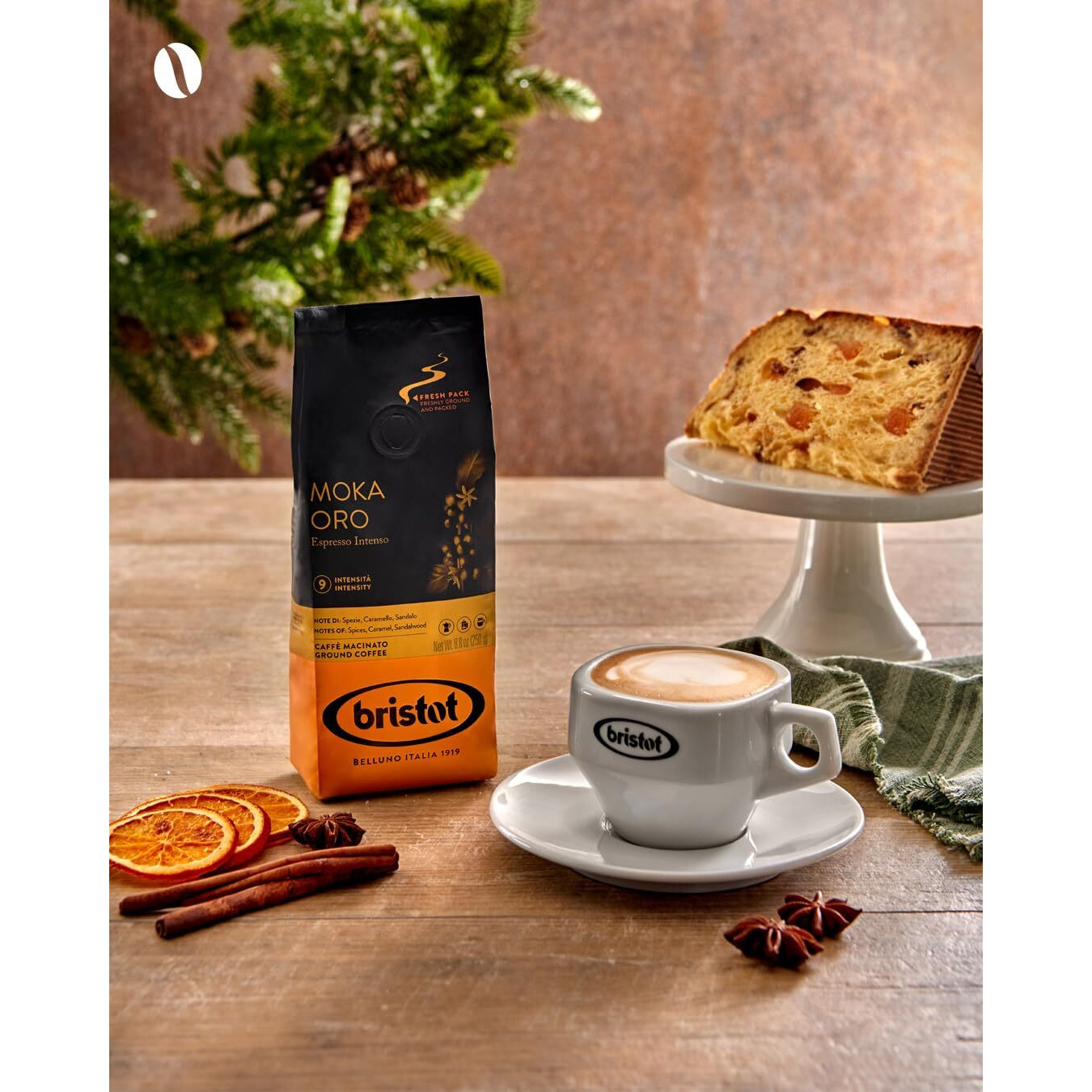 Bristot Moka Oro Ground Coffee | Italian Ground Espresso | Medium Roast | For Moka, French Press, Pour Over | 8.8Oz/250G