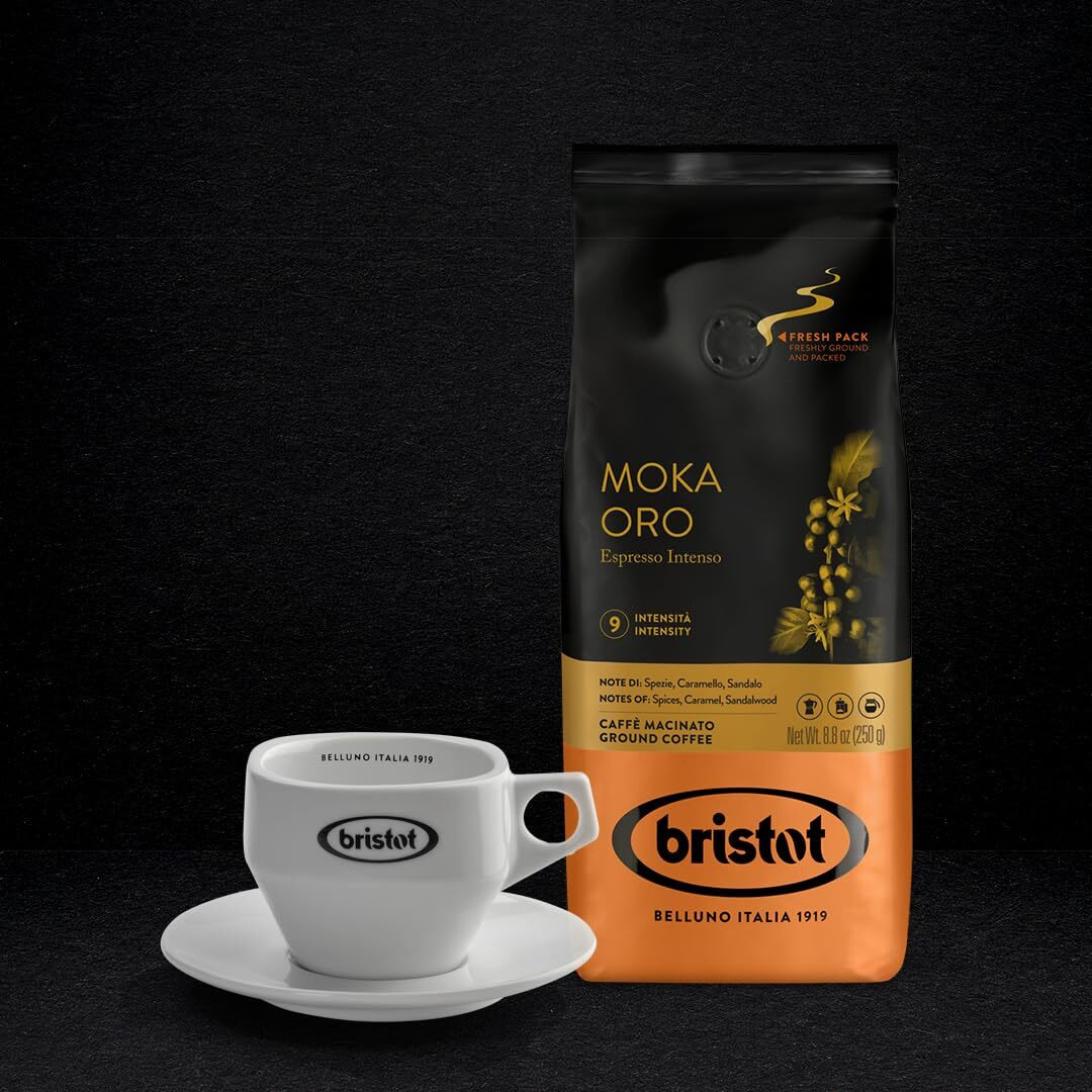 Bristot Moka Oro Ground Coffee | Italian Ground Espresso | Medium Roast | For Moka, French Press, Pour Over | 8.8Oz/250G