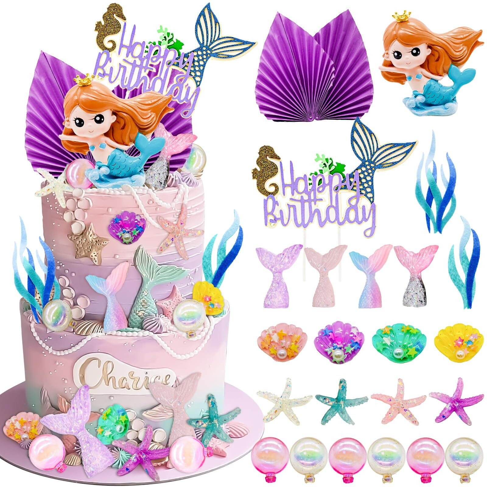 Lukinuo Mermaid Cake Toppers 24Pcs Little Mermaid Figurine Under The Sea Cake Topper Seaweed Palm Leaves Bubble Starfish Shell Mermaid Tail Cake Decorations For Mermaid Theme Princess Birthday Party
