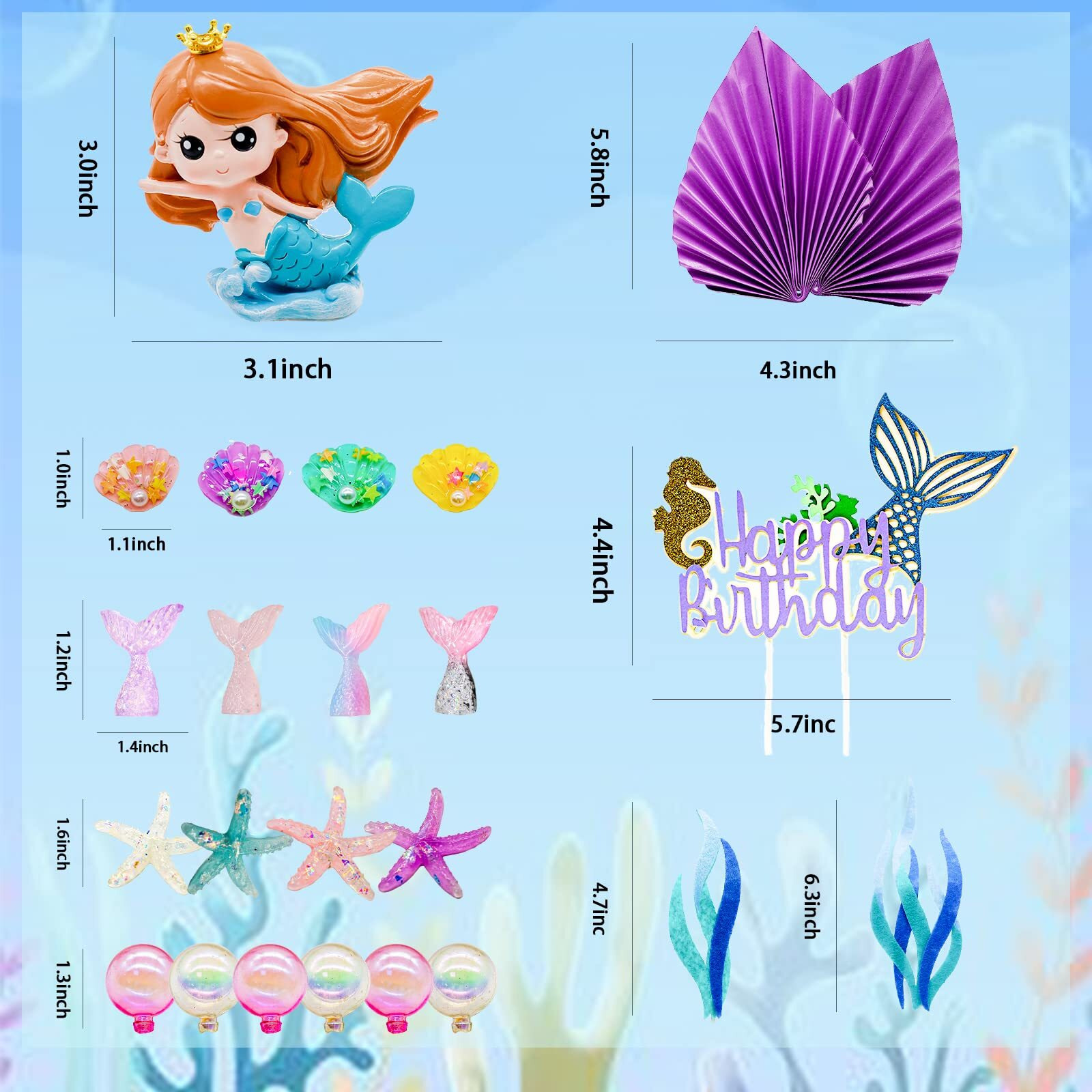 Lukinuo Mermaid Cake Toppers 24Pcs Little Mermaid Figurine Under The Sea Cake Topper Seaweed Palm Leaves Bubble Starfish Shell Mermaid Tail Cake Decorations For Mermaid Theme Princess Birthday Party