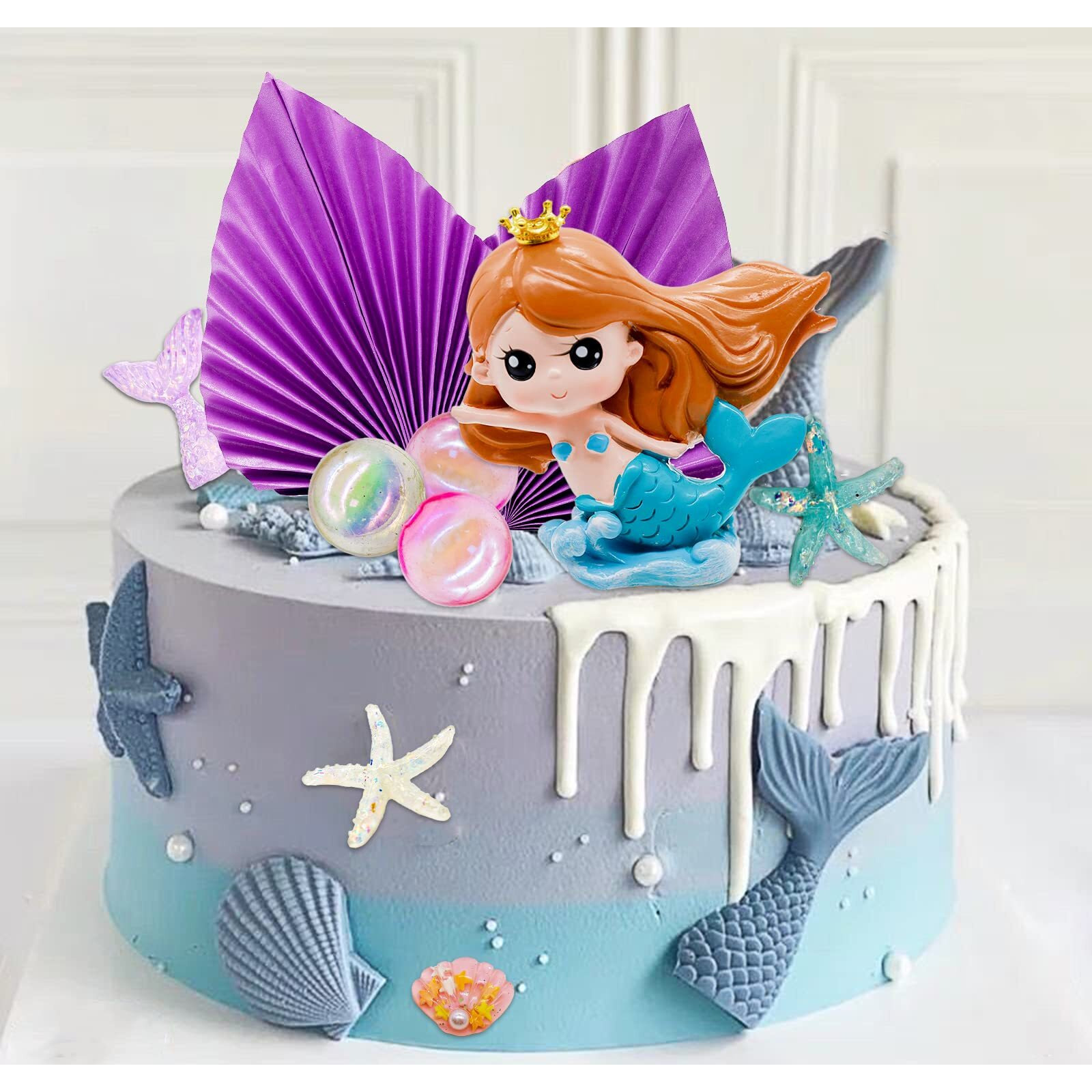 Lukinuo Mermaid Cake Toppers 24Pcs Little Mermaid Figurine Under The Sea Cake Topper Seaweed Palm Leaves Bubble Starfish Shell Mermaid Tail Cake Decorations For Mermaid Theme Princess Birthday Party