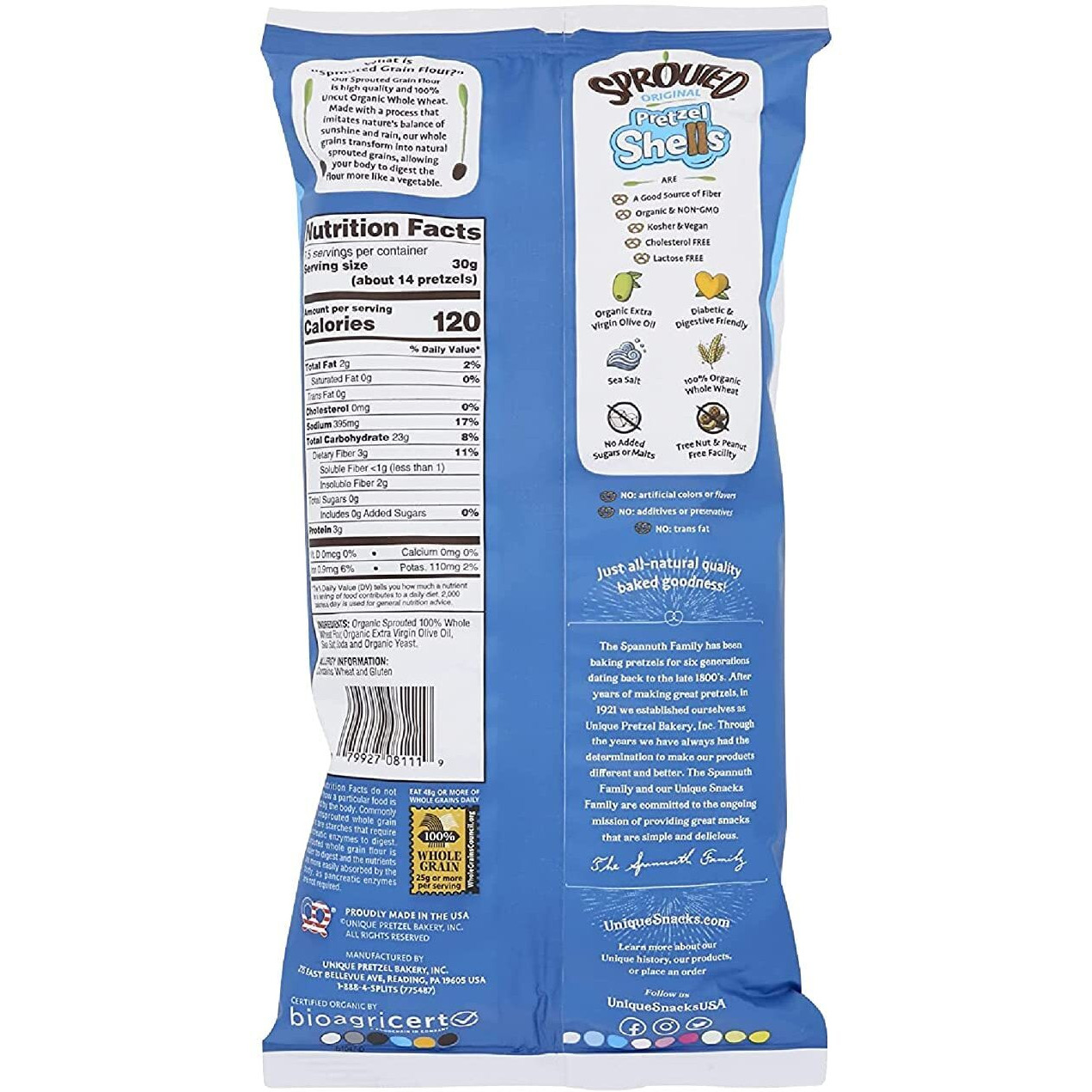 Unique Snacks Sprouted Pretzel Shells, Delicious Homestyle-Baked Snack Bag, Vegan, Ou Kosher Pretzels, Non-Gmo Office Snacks, 8 Oz. Bag, Pack Of 3