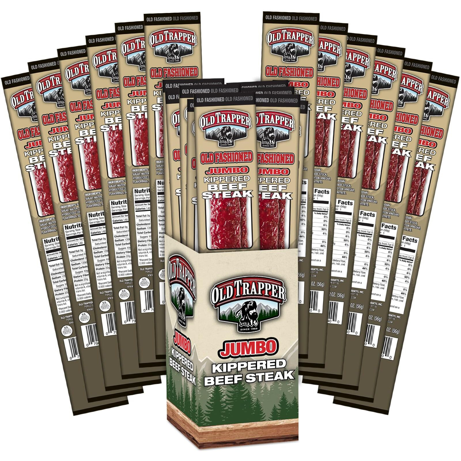 Old Trapper Kippered Steak, Old-Fashioned Flavor, Two-Ounce Individually Wrapped Packages, Savory Meat Snack For Between Meal Bites, 22 Grams Of Protein Per Serving (Pack Of 12)