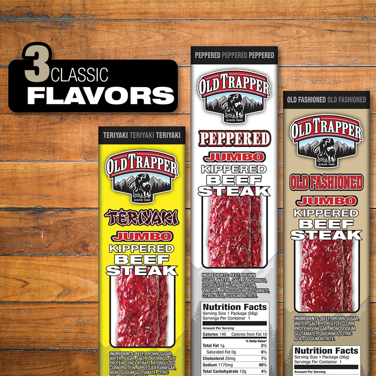 Old Trapper Kippered Steak, Old-Fashioned Flavor, Two-Ounce Individually Wrapped Packages, Savory Meat Snack For Between Meal Bites, 22 Grams Of Protein Per Serving (Pack Of 12)
