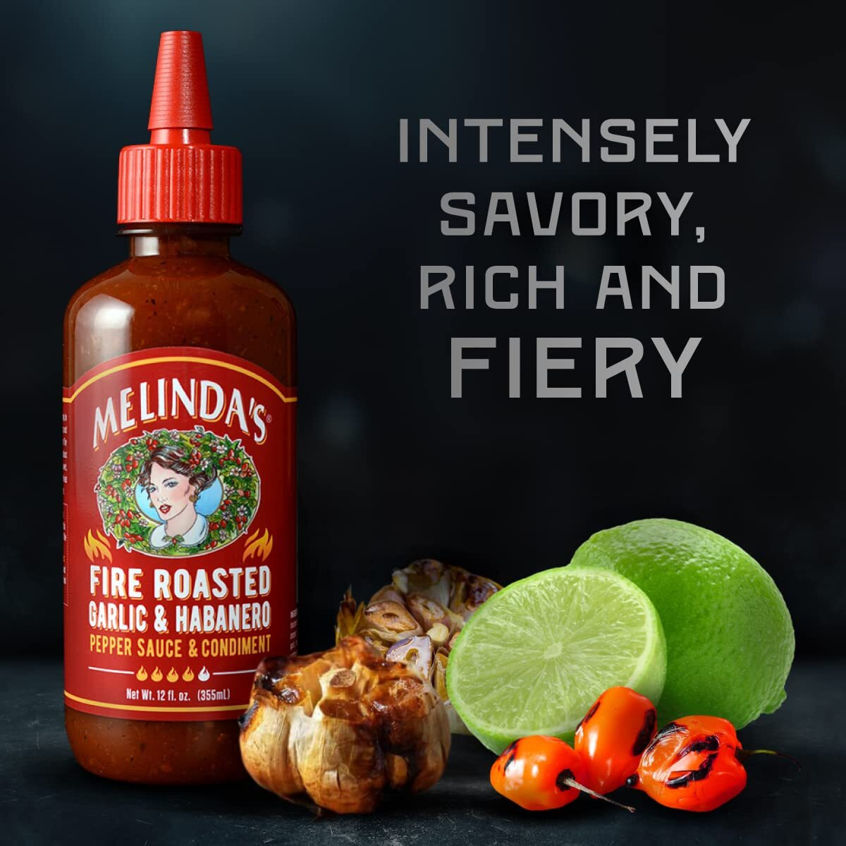 Melindas Fire Roasted Garlic & Habanero Hot Sauce - Craft Hot Sauce With Slow Roasted Garlic, Roasted Habanero Peppers, Lime Juice - Richy & Smoky Habanero Hot Sauce 12Oz, 3 Pack