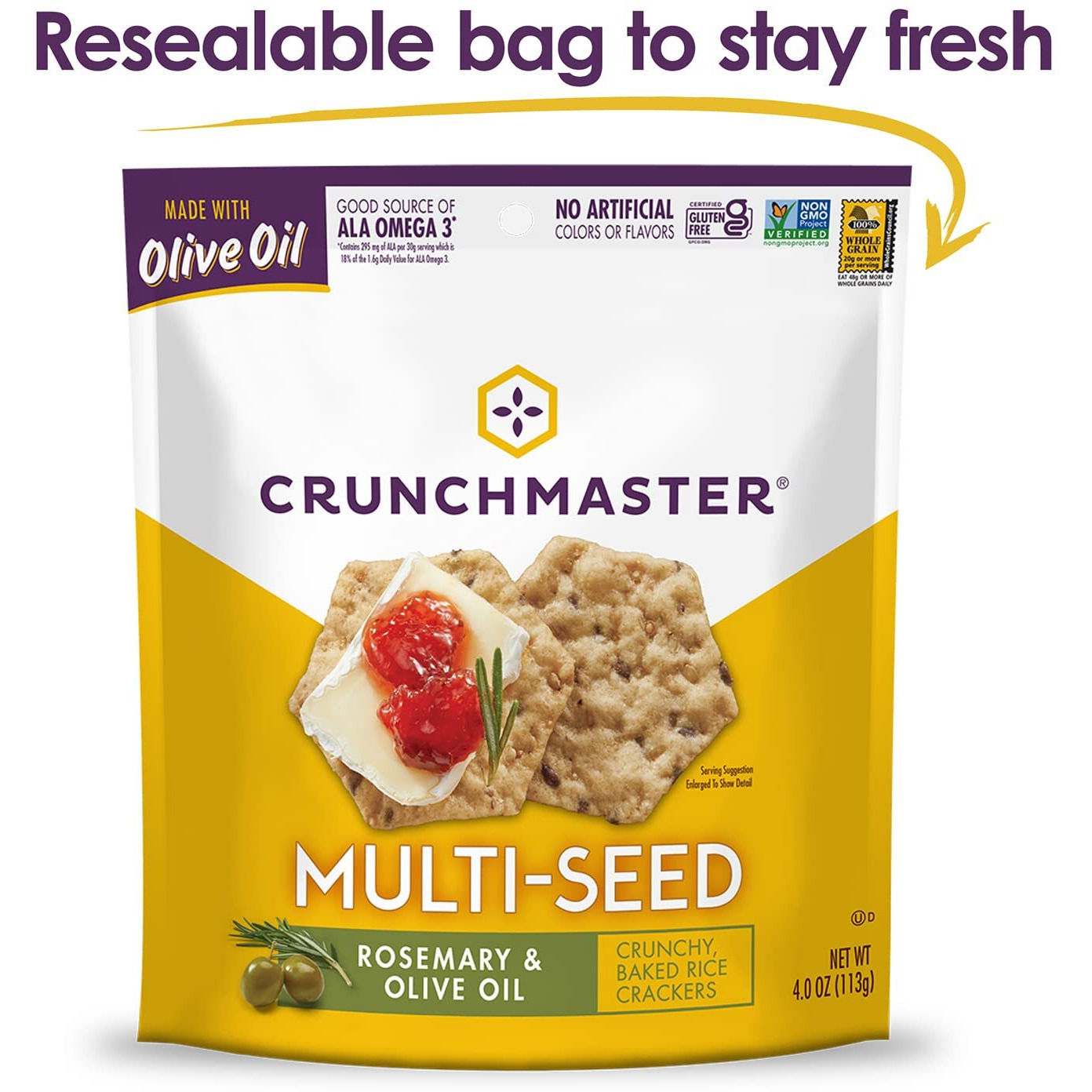 Crunchmaster Multi-Seed Gluten-Free Rosemary & Olive Oil, 4 Ounce Bags (Pack Of 12)