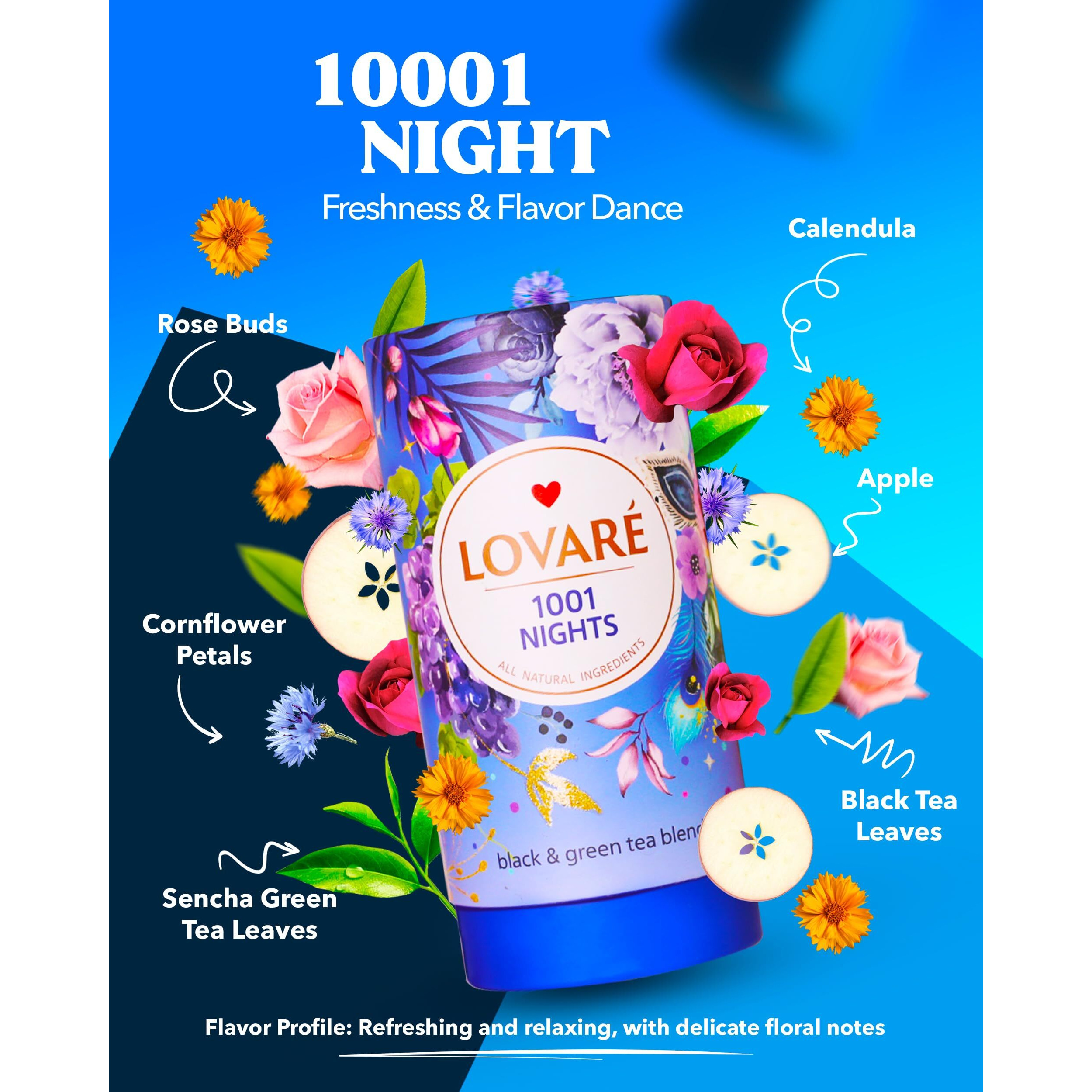 Lovare 1001 Nights Loose Leaf Tea 80 G - Made In Ukraine - Black And Green Tea, Apple, Cornflower, Calendula, Rose, Safflower Petals, Rosebuds - Gift Box With 15 Paper Filters