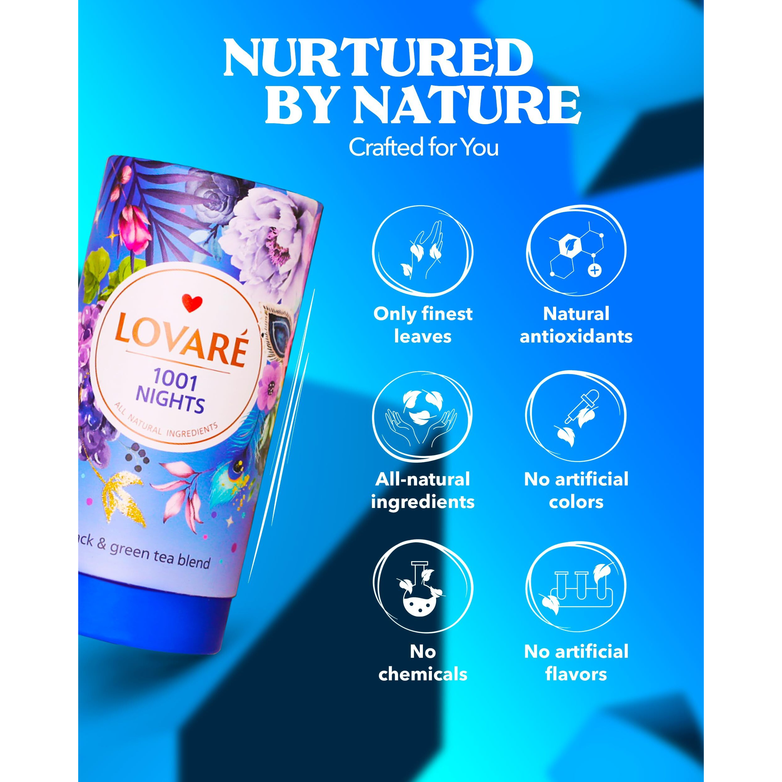 Lovare 1001 Nights Loose Leaf Tea 80 G - Made In Ukraine - Black And Green Tea, Apple, Cornflower, Calendula, Rose, Safflower Petals, Rosebuds - Gift Box With 15 Paper Filters