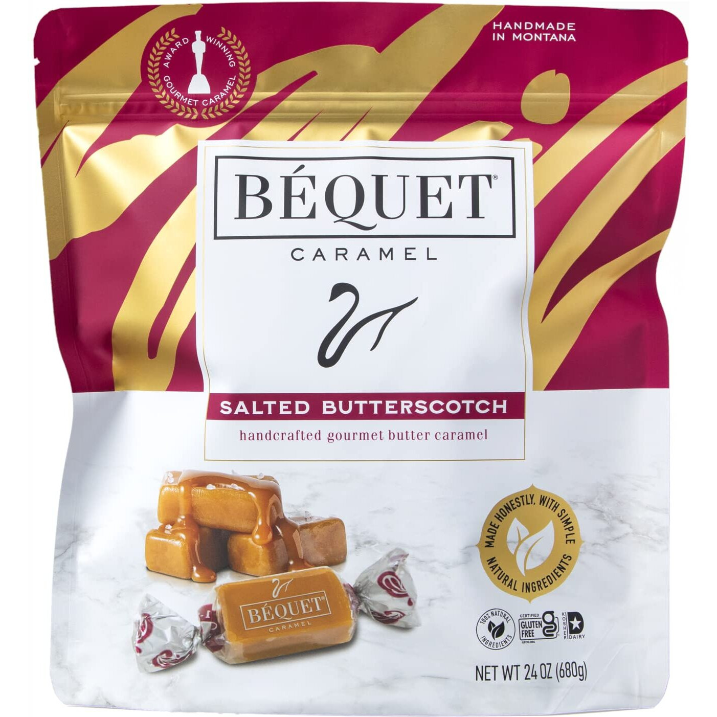 B  Quet Caramel - Salted Butterscotch Gourmet Candy - Candy Individually Wrapped - Gourmet Sea Salt Candy - Made In Montana - Kosher (Star D) And Gluten Free - 24Oz Resealable Pouch