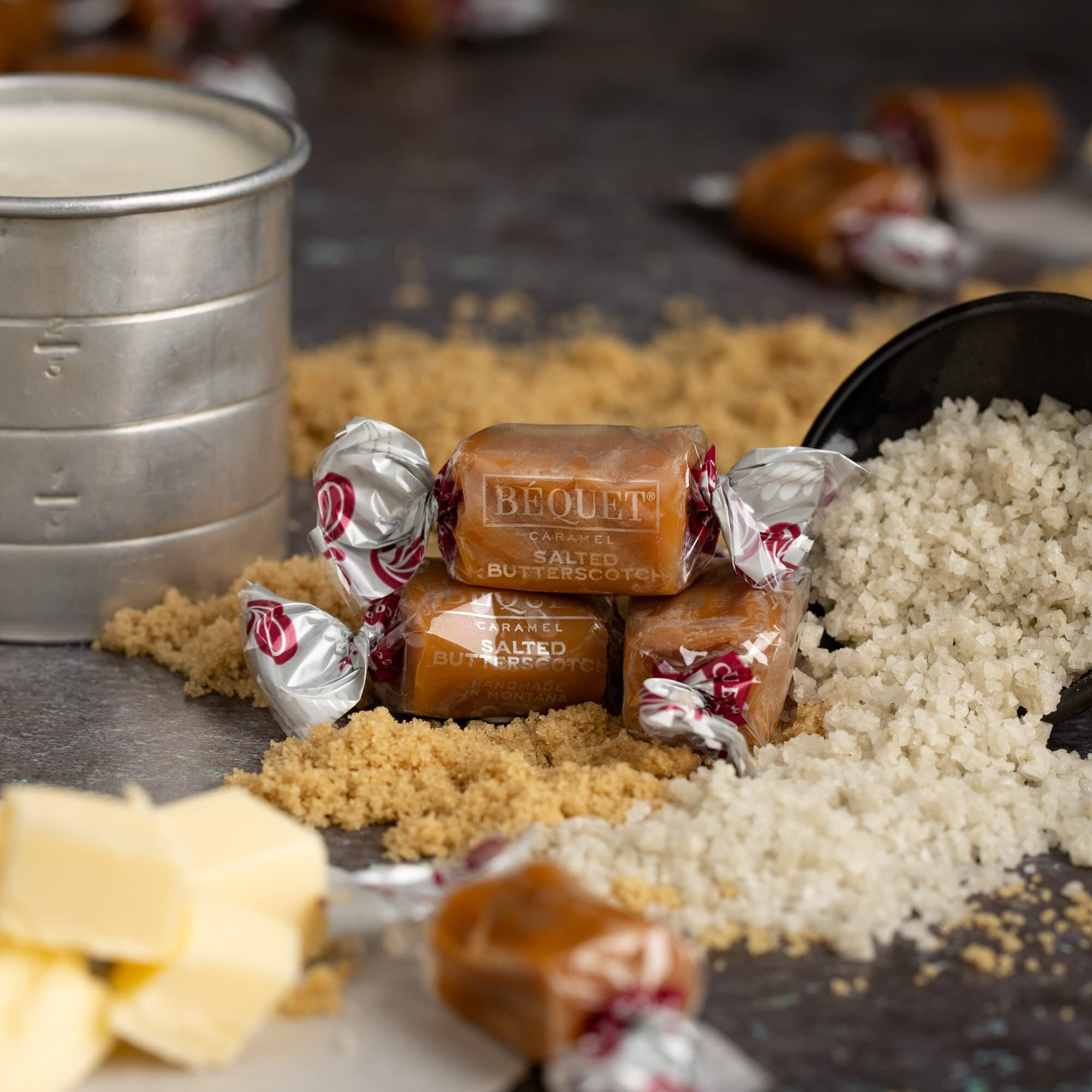 B  Quet Caramel - Salted Butterscotch Gourmet Candy - Candy Individually Wrapped - Gourmet Sea Salt Candy - Made In Montana - Kosher (Star D) And Gluten Free - 24Oz Resealable Pouch