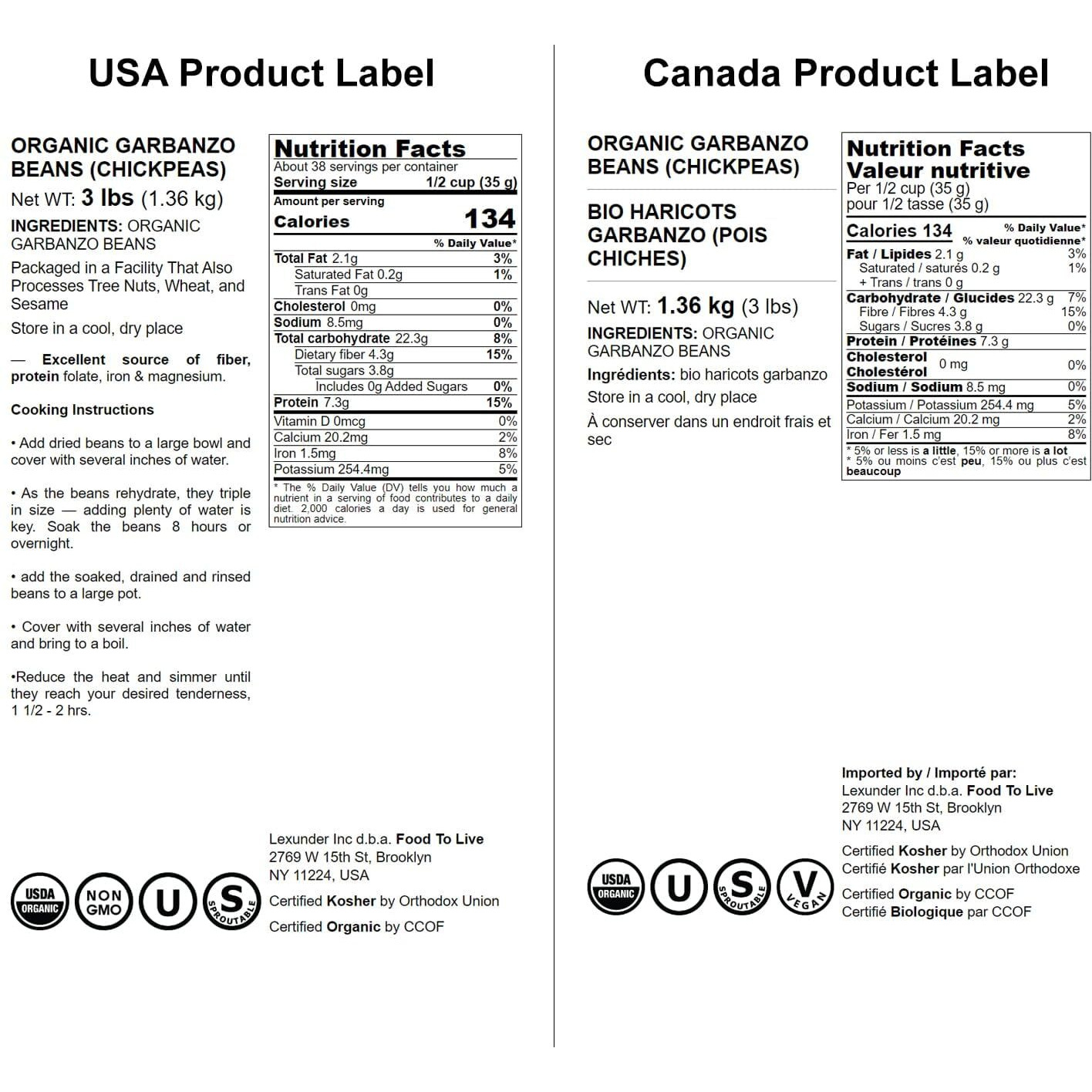 Food To Live Organic Garbanzo Beans, 3 Pounds - Dried Chickpeas, Non-Gmo, Kosher, Raw, Sproutable, Bulk