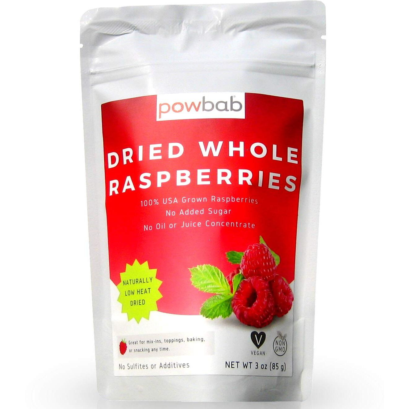 Powbab Dried Raspberries Whole - 100% Usa Grown Organic Raspberries. No Sugar Added, No Oil, No Juice Concentrate. Unsweetened Dehydrated Fruit. Not Freeze Dried, Frozen Or Fresh. For Baking (3 Oz)
