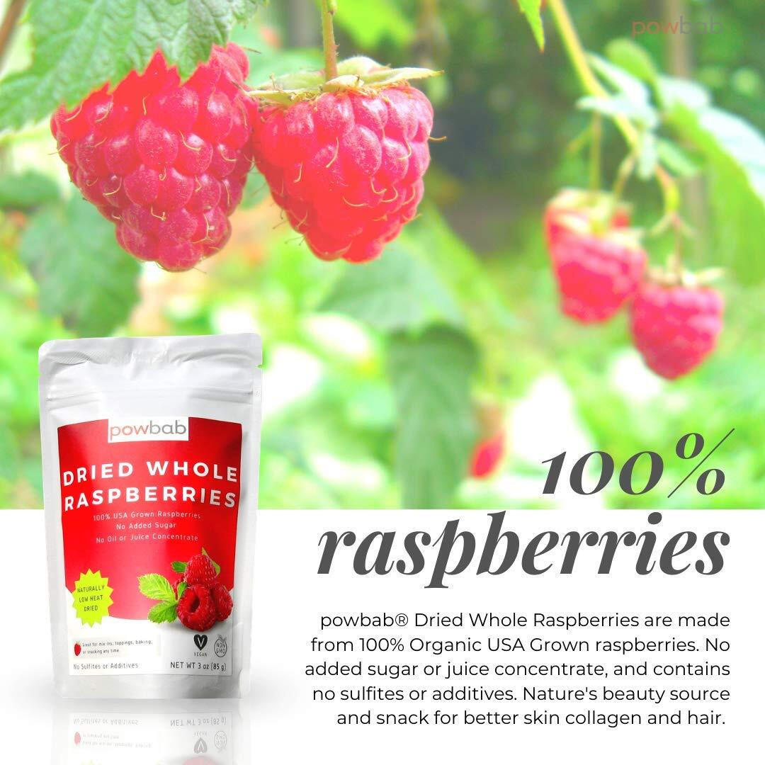 Powbab Dried Raspberries Whole - 100% Usa Grown Organic Raspberries. No Sugar Added, No Oil, No Juice Concentrate. Unsweetened Dehydrated Fruit. Not Freeze Dried, Frozen Or Fresh. For Baking (3 Oz)