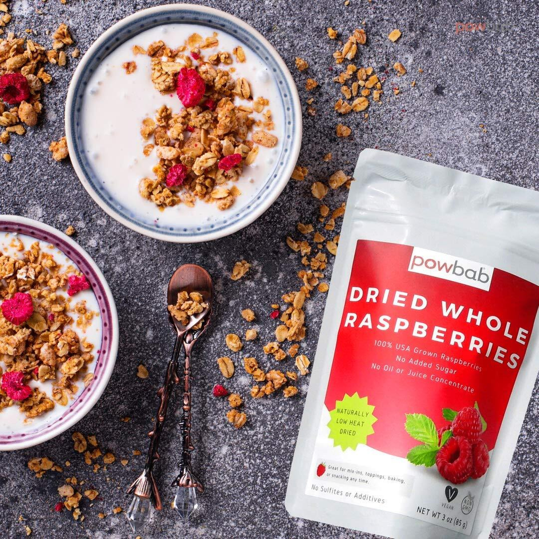 Powbab Dried Raspberries Whole - 100% Usa Grown Organic Raspberries. No Sugar Added, No Oil, No Juice Concentrate. Unsweetened Dehydrated Fruit. Not Freeze Dried, Frozen Or Fresh. For Baking (3 Oz)
