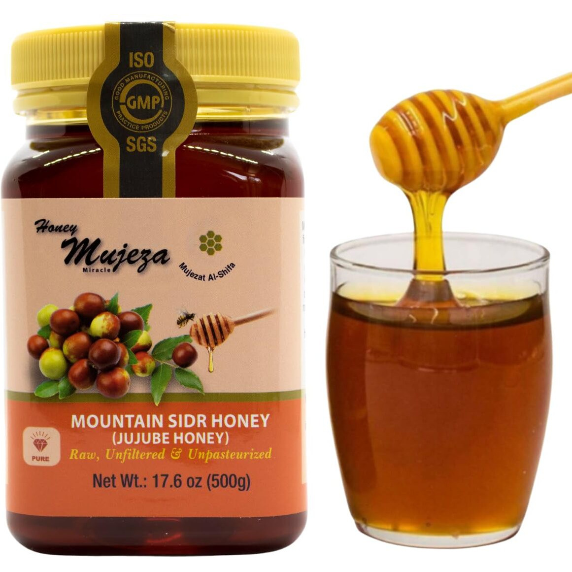 Authentic Mountain Sidr Honey -     - Jujube Honey, Equal To Manuka Effectiveness Unheated Unfiltered Unprocessed 100% Natural Gluten Free Raw Liquid Honey (500G / 17.6Oz)   - Mujezat Al-Shifa