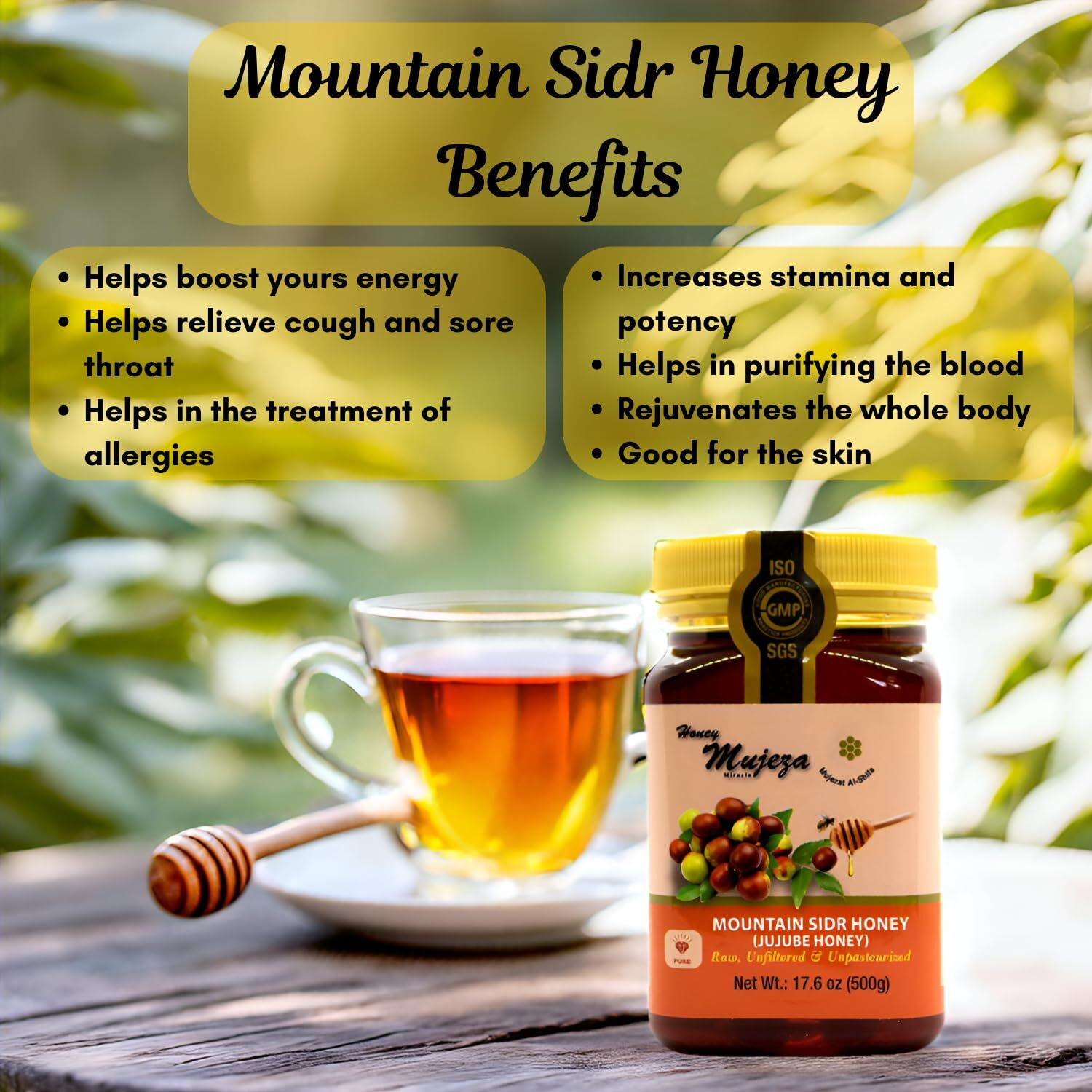 Authentic Mountain Sidr Honey -     - Jujube Honey, Equal To Manuka Effectiveness Unheated Unfiltered Unprocessed 100% Natural Gluten Free Raw Liquid Honey (500G / 17.6Oz)   - Mujezat Al-Shifa