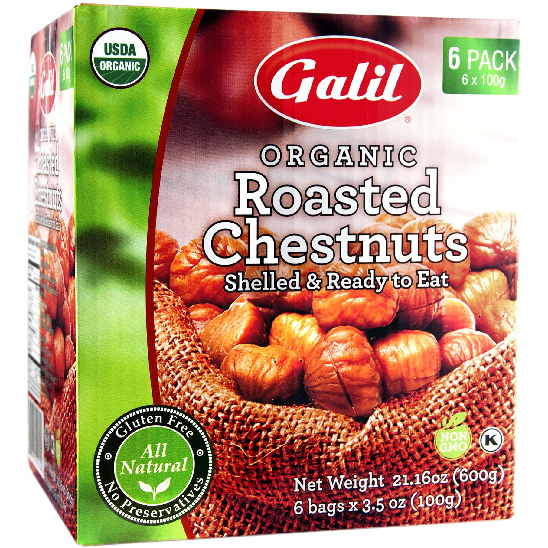 Galil Organic Roasted Chestnuts - 3.5 Oz Bags (Pack Of 6) - Shelled - Ready To Eat Snack, Gluten Free, All Natural, No Preservatives - Great For Snacking, Baking & Cooking - 100% Vegan