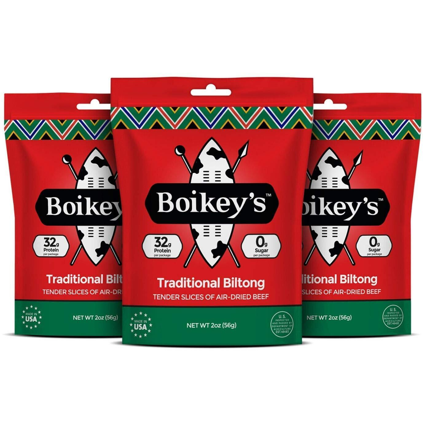 Boikeys Biltong | South African Style Beef Jerky. Gluten Free. No Sugar. Keto Friendly. (Traditional, 3 Pack - 2 Ounce Pouches)