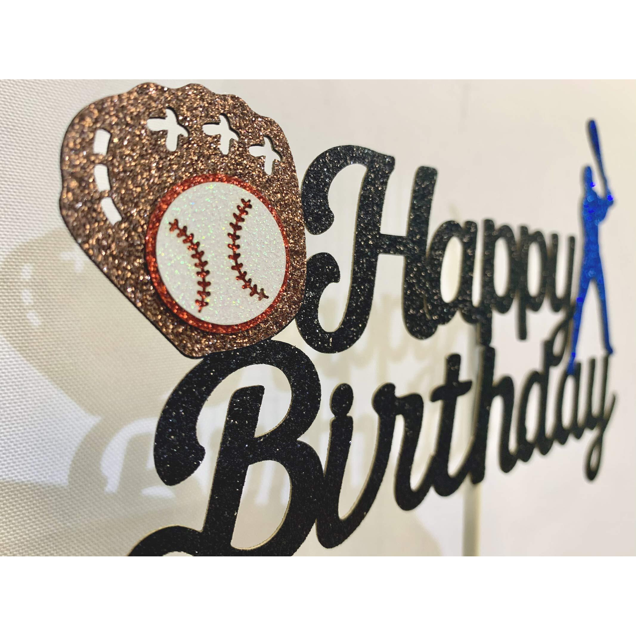 Baseball Theme Cake Topper - Happy Birthday Cake Topper For Birthday/Baseball/Sports Party Theme Decoration (Black Glitter)
