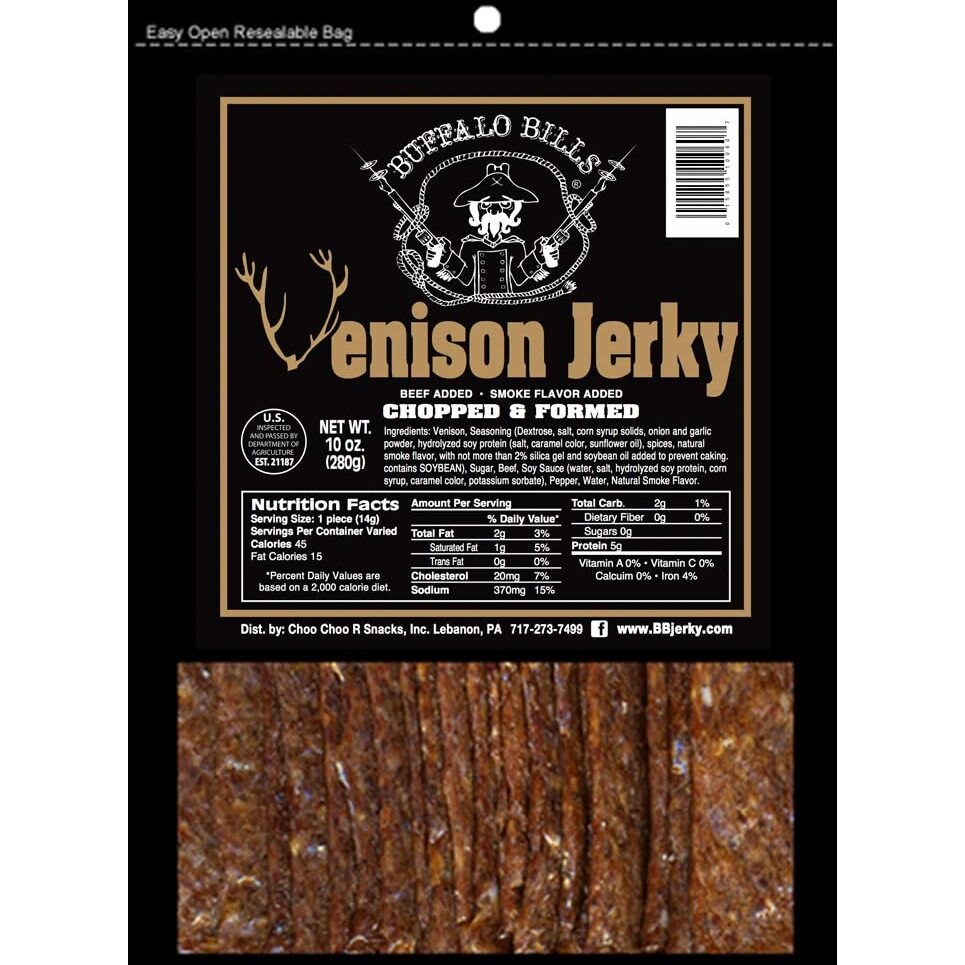 Buffalo Bills Venison Jerky Strips 10Oz Pack (20 Venison Jerky 7"" Strips Per Bag)
