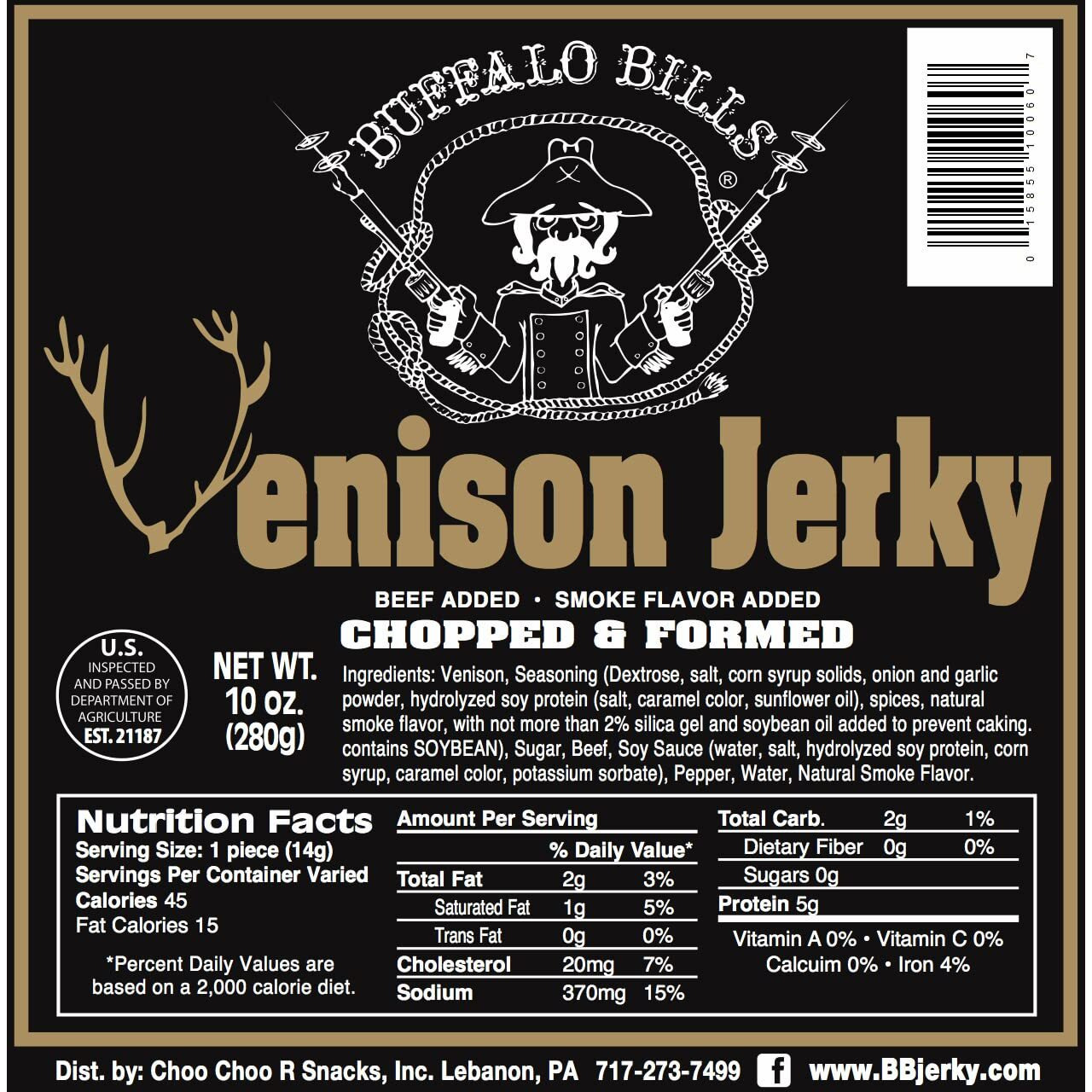 Buffalo Bills Venison Jerky Strips 10Oz Pack (20 Venison Jerky 7"" Strips Per Bag)