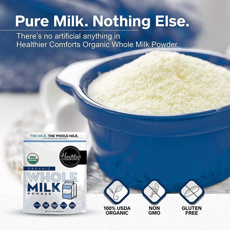 Healthier Comforts Organic Whole Milk Powder | Certified Usda Organic Powdered Milk | Kosher, Gluten Free, Non-Gmo Dry Milk Powder Whole Milk | Dried Milk W/ Resealable Packaging, Shelf Stable Milk 21Oz