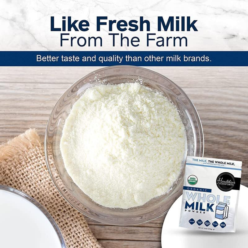 Healthier Comforts Organic Whole Milk Powder | Certified Usda Organic Powdered Milk | Kosher, Gluten Free, Non-Gmo Dry Milk Powder Whole Milk | Dried Milk W/ Resealable Packaging, Shelf Stable Milk 21Oz