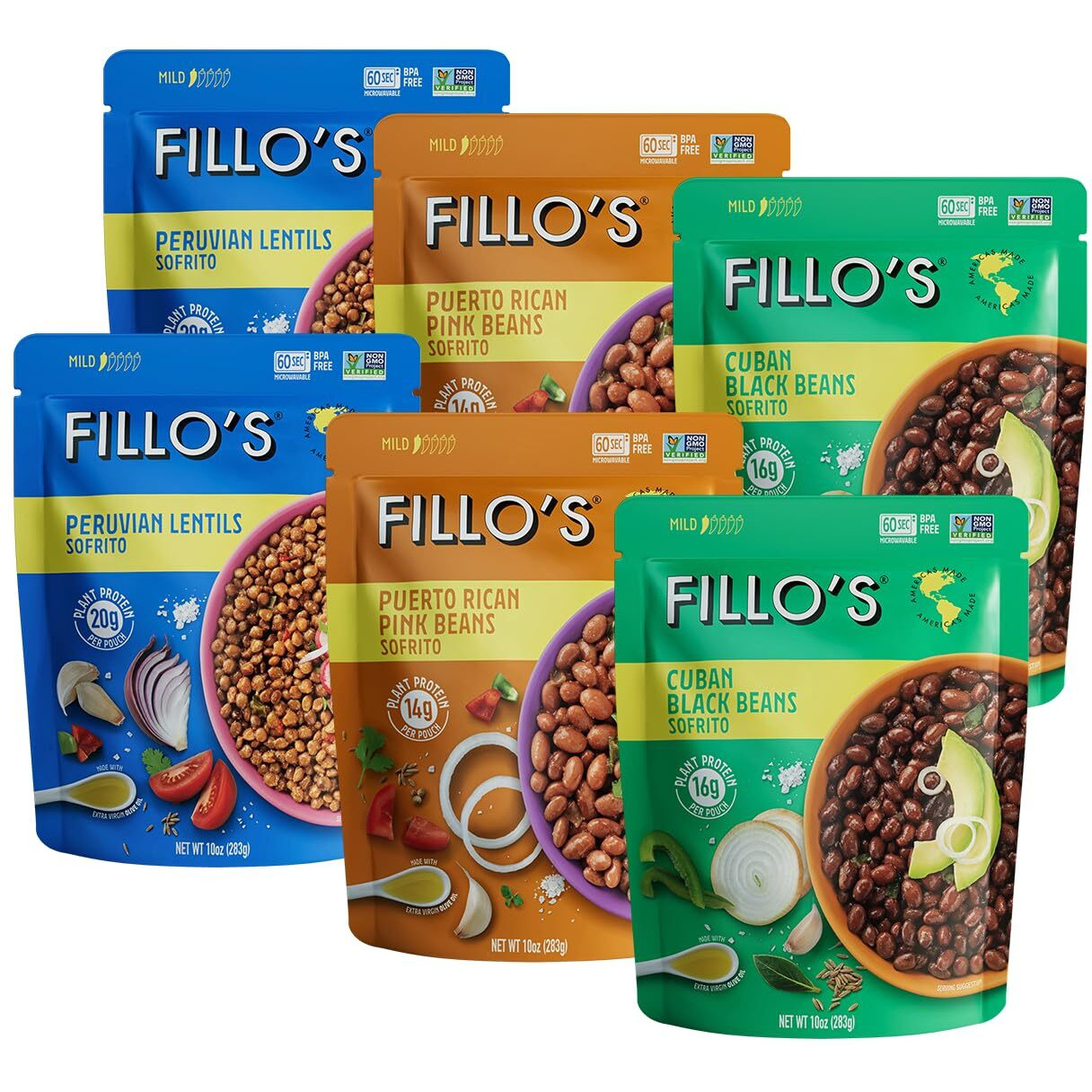 Fillo's Ready To Eat Beans & Lentils Variety Pack | Black Beans, Lentils, & Pink Beans | Gluten-Free, Preservative-Free, Microwavable Meals, Non-Gmo, Vegan, Plant Protein, 10 Oz Pk Of 6