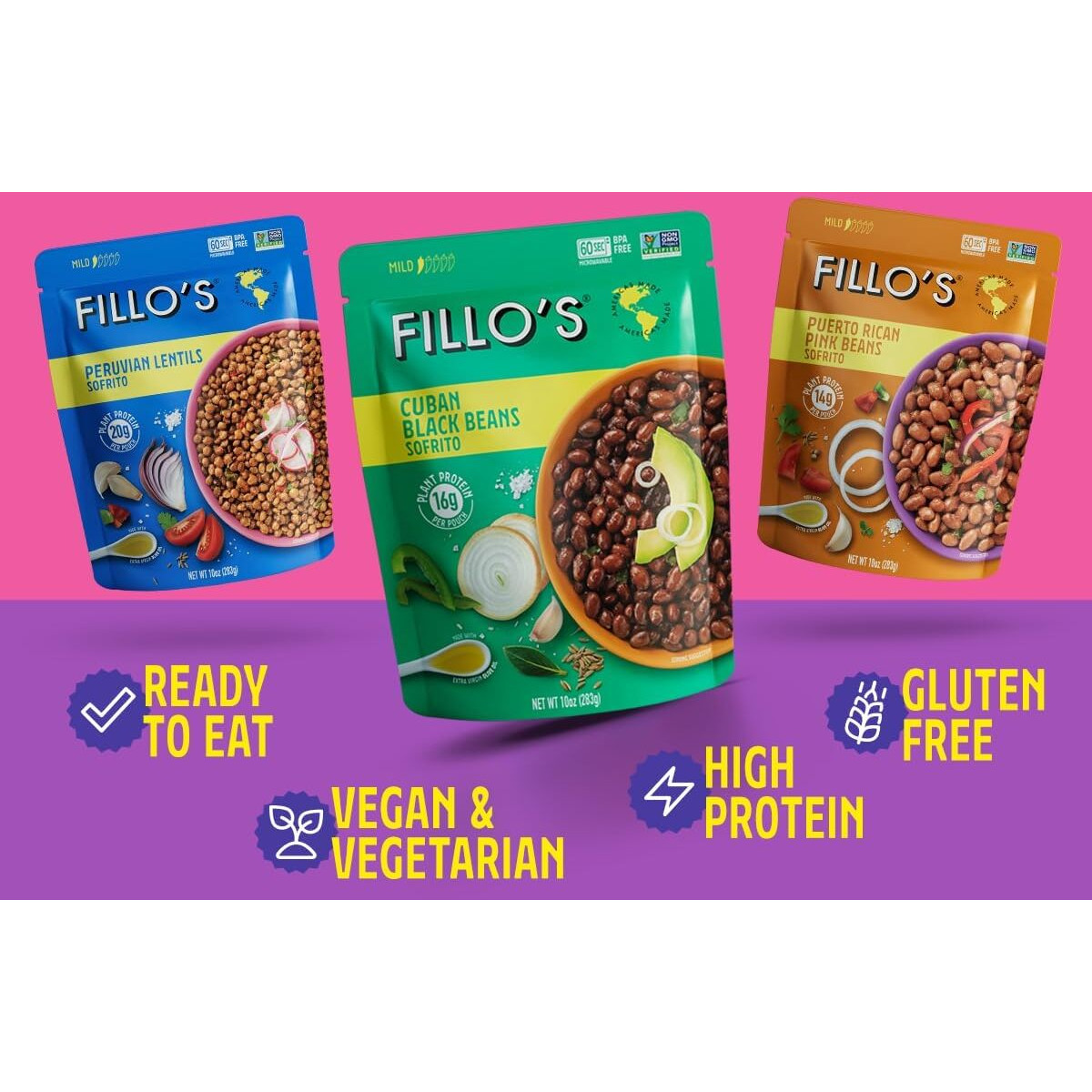 Fillo's Ready To Eat Beans & Lentils Variety Pack | Black Beans, Lentils, & Pink Beans | Gluten-Free, Preservative-Free, Microwavable Meals, Non-Gmo, Vegan, Plant Protein, 10 Oz Pk Of 6