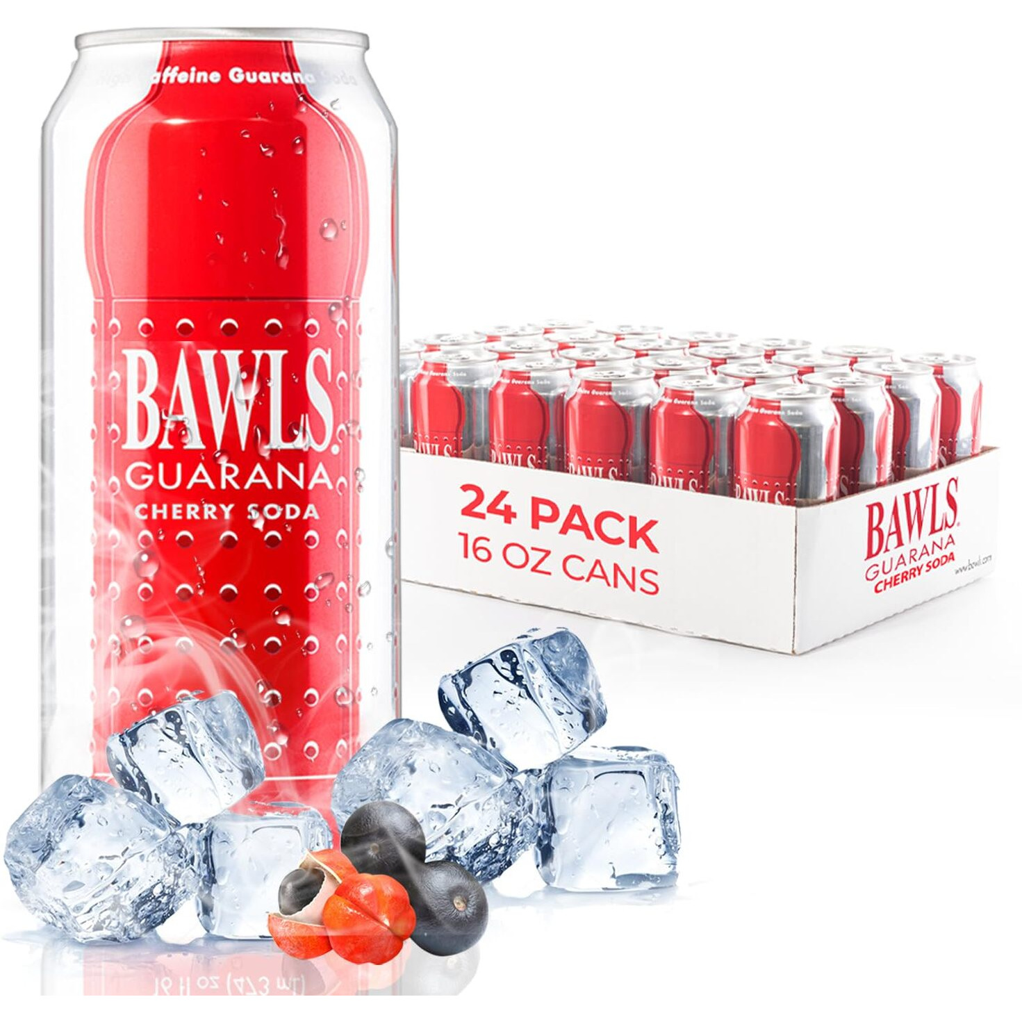 Bawls Guarana Cherry, Bawls Guarana Drink, Guarana Soda, Guarana Fueled Soda For Energy, High Energy Caffeinated Drink, 16Oz 24 Pack Cans