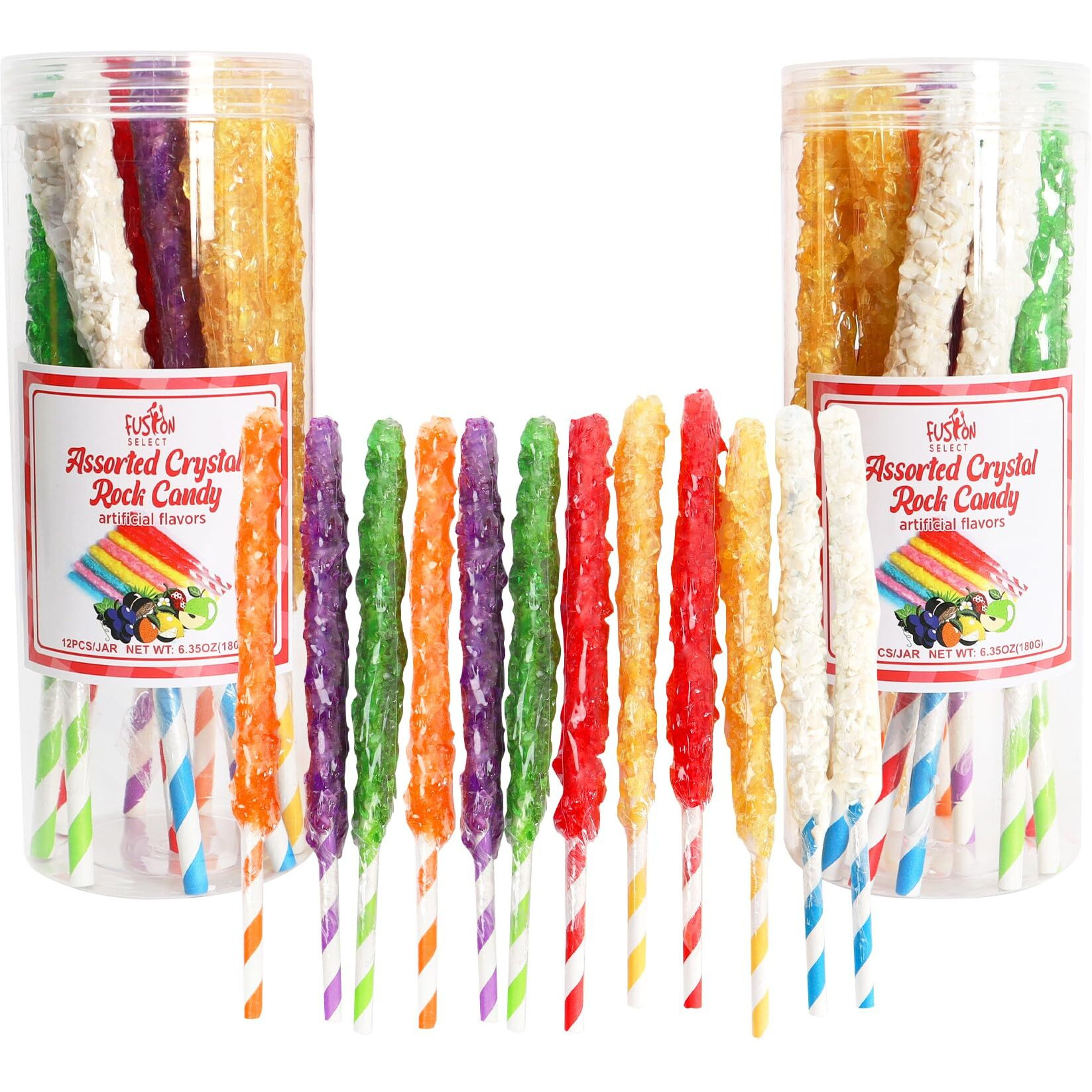 Fusion Select 24 Crystal Rock Candy Sticks - Sweet Hard Sugar Lollipop Snacks With Strong Flavors - Assorted Large, Individually Wrapped Candies - Colored Buffet Treats & Party Favors For Kids